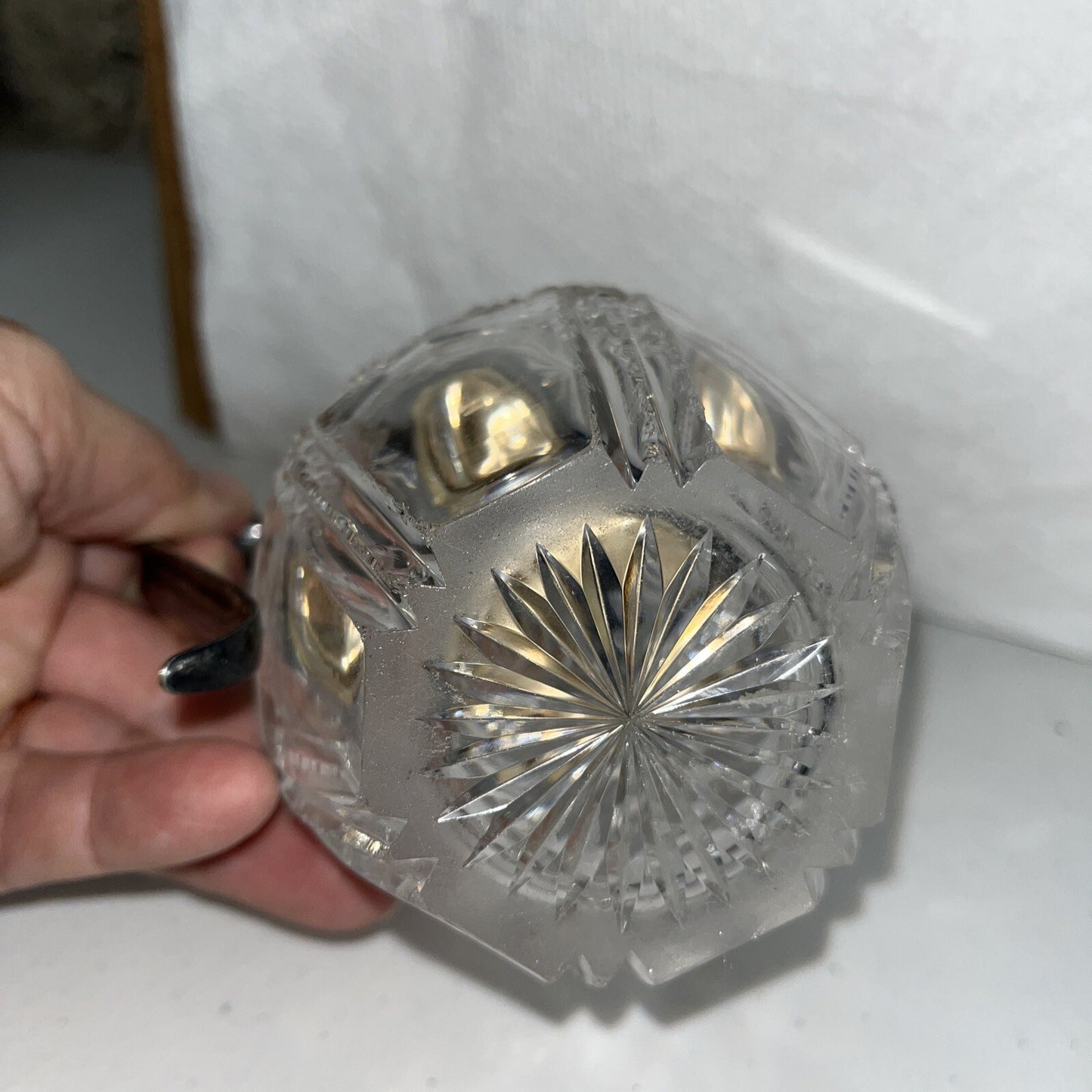 Vintage AMERICAN BRILLIANT Wheel Cut Glass Ball Pitcher Plated Silver Lid Handle