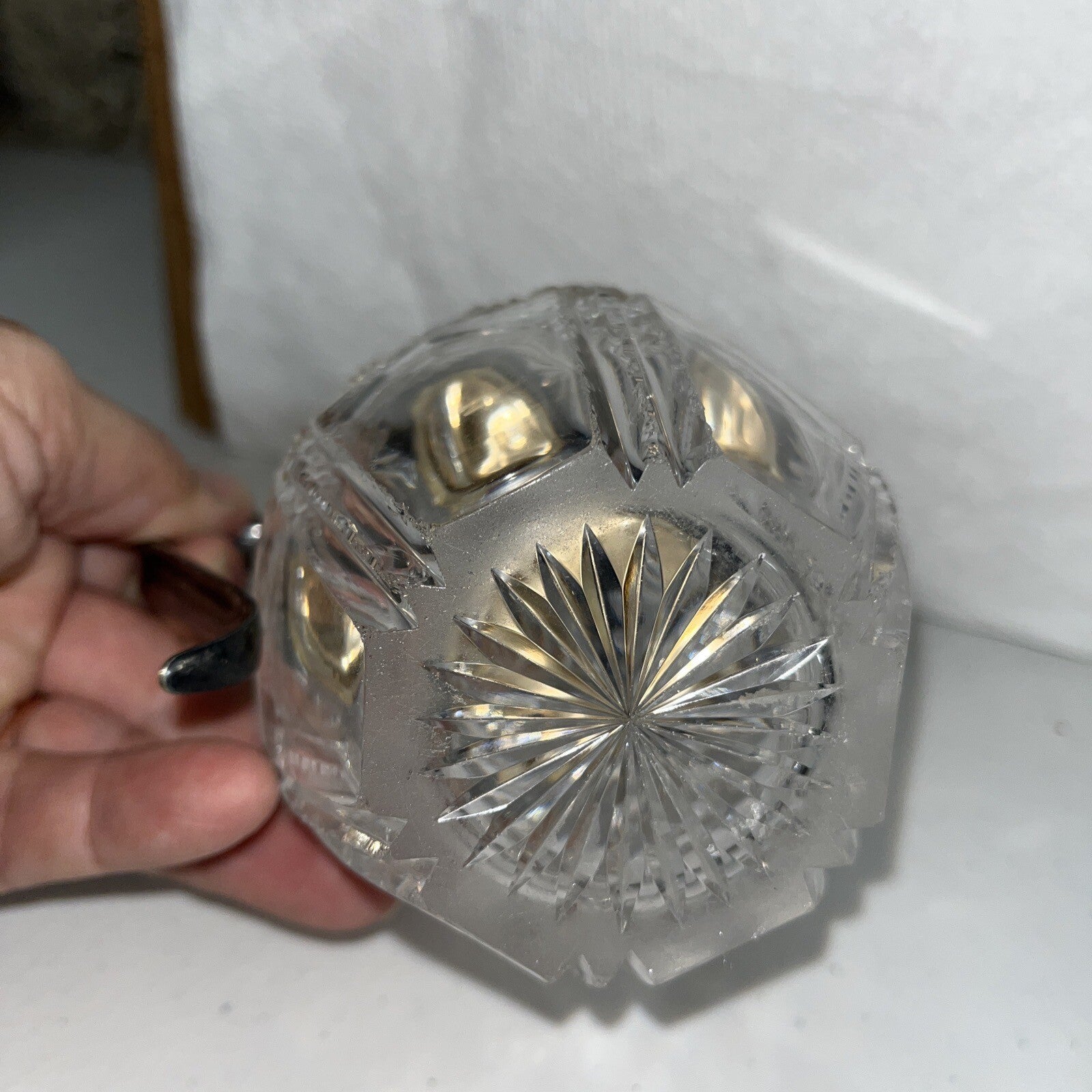 Vintage AMERICAN BRILLIANT Wheel Cut Glass Ball Pitcher Plated Silver Lid Handle