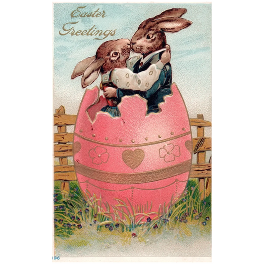 Easter Greetings Two Rabbits Kissing in Easter Egg Vintage Easter Postcard