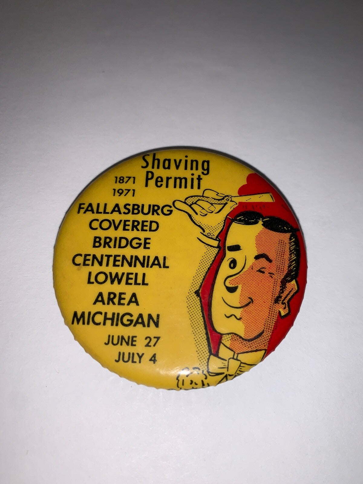 Lot of 3 Lowell, MI Fallasburg Covered Bridge Centennial Shaving Permit Pinback