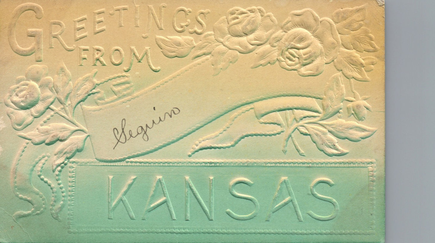 Heavy Embossed Floral Greetings from Seguin Kansas KS Postcard  