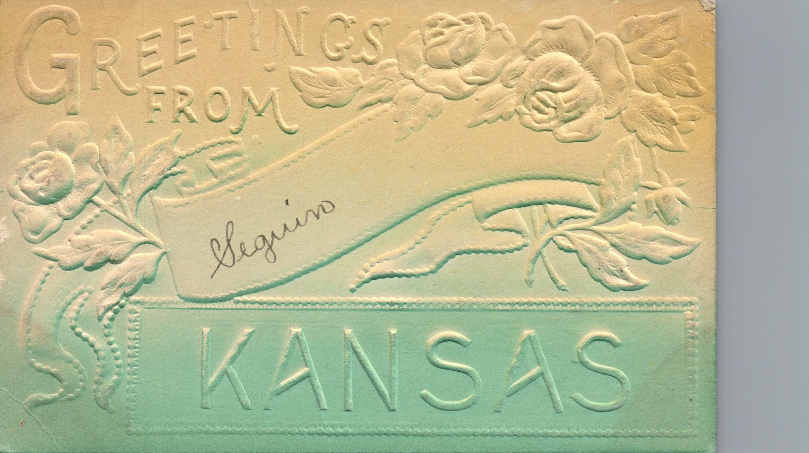Heavy Embossed Floral Greetings from Seguin Kansas KS Postcard  