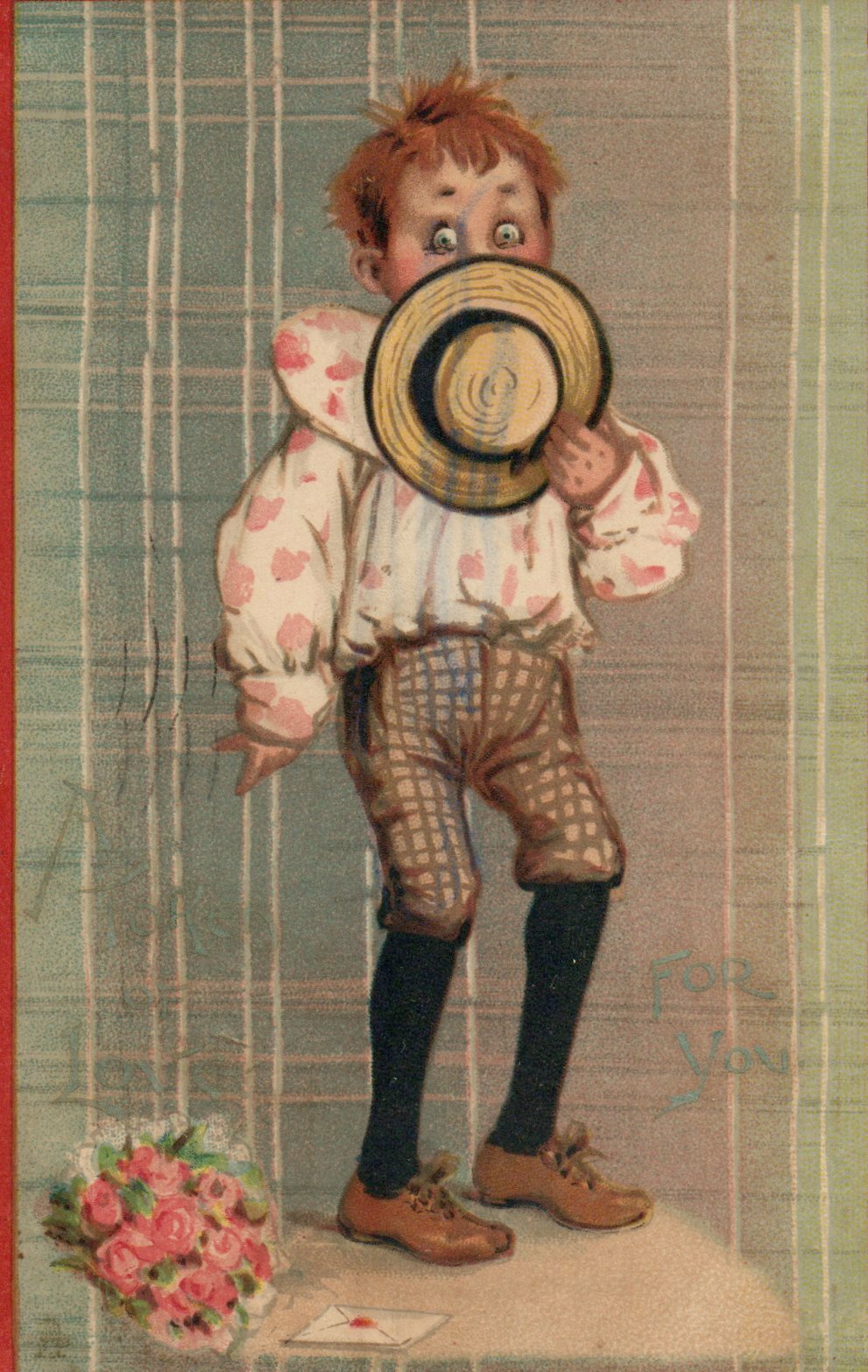 Tuck Boy Holds Straw Hat over Face Drops Roses Letter Valentine Postcard Ser 118