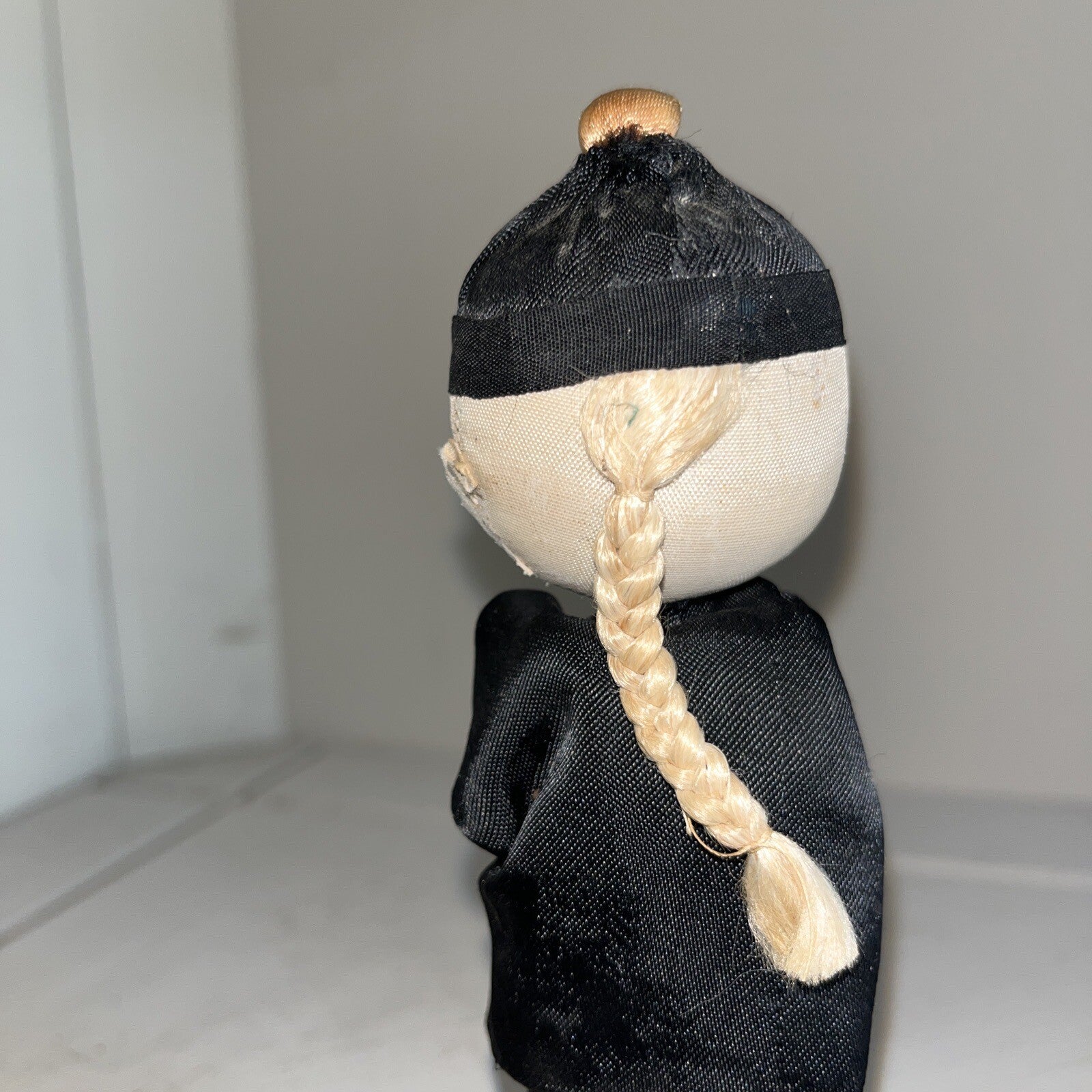 Vintage Asian Chinese Traditional Cloth Doll 6” Silk Hand Painted Black