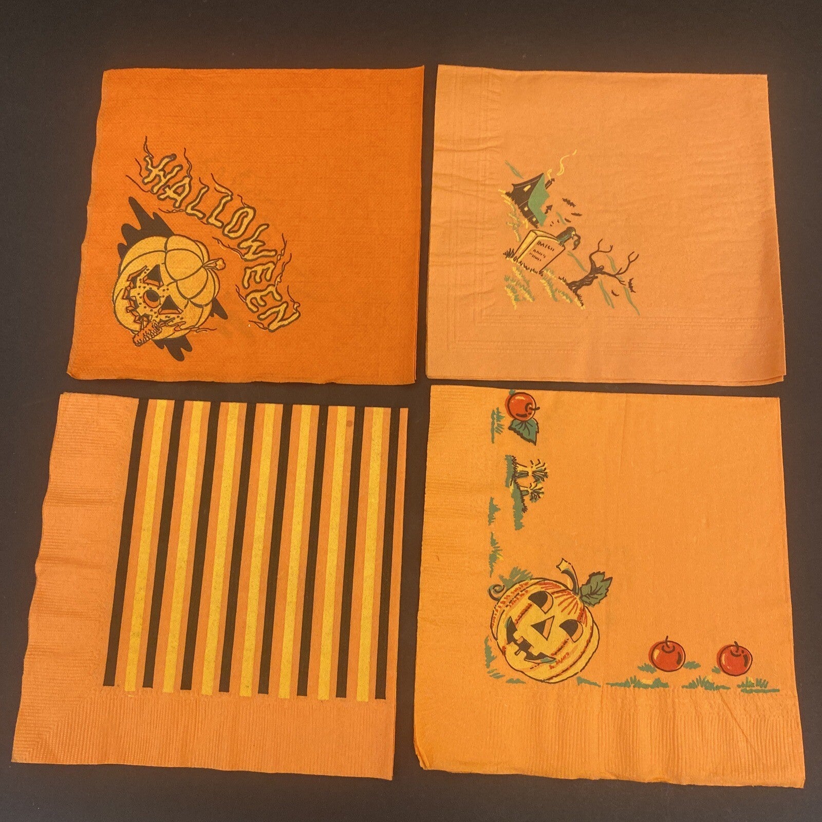 Vintage Orange HALLOWEEN PAPER NAPKIN Lot of 4 ALL WITCHES, Black cats, J.O.L