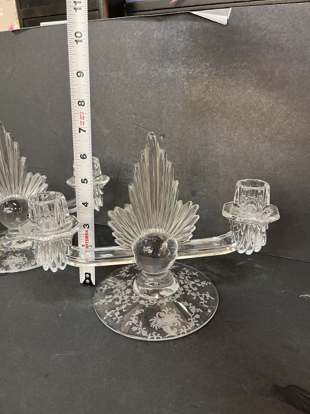 VTG art deco FOSTORIA double flame lido CRYSTAL Candleholder w/etched base (2)