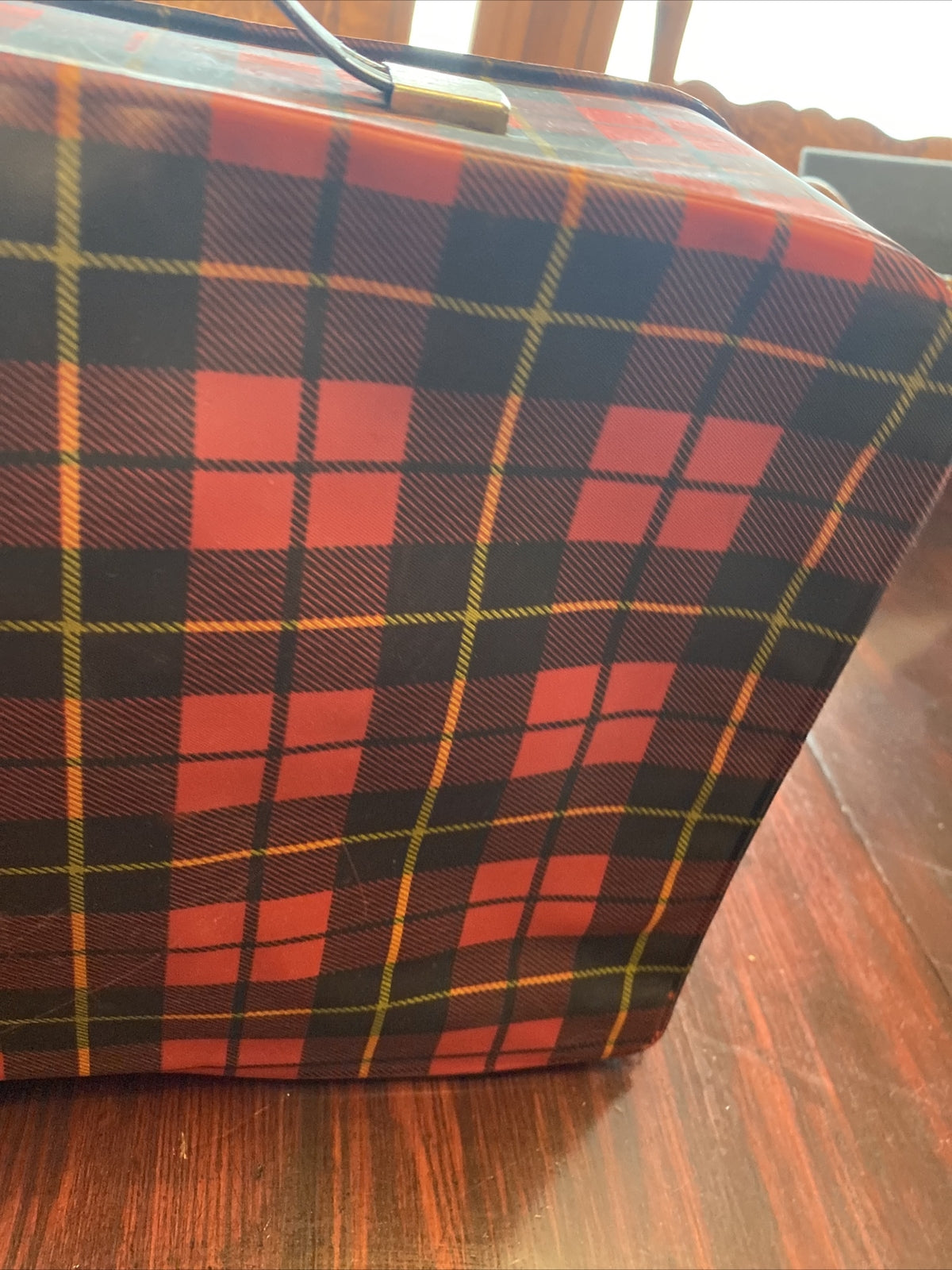 Vintage Barbie Black Red Plaid Suitcase Plastic / Vinyl 14 x 9 x 4.5"
