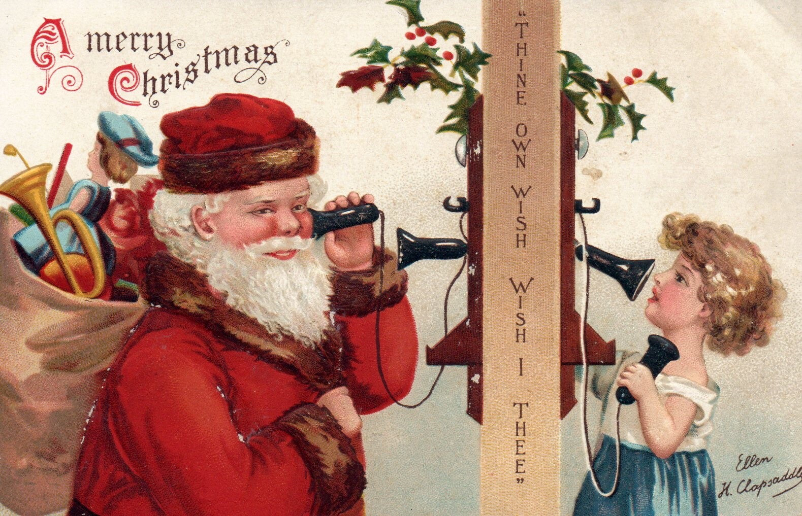 A Merry Christmas Santa Talking with Child on Phone Clapsaddle Santa Postcard