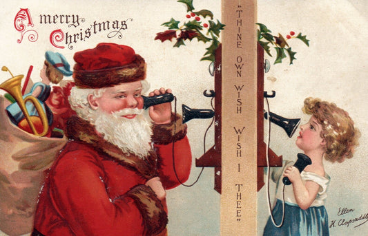 A Merry Christmas Santa Talking with Child on Phone Clapsaddle Santa Postcard