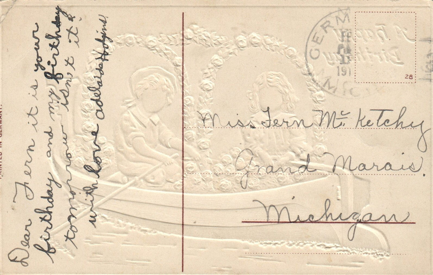 A Happy Birthday Boy & Girl in Boat with Flowers Series 698 Birthday Postcard