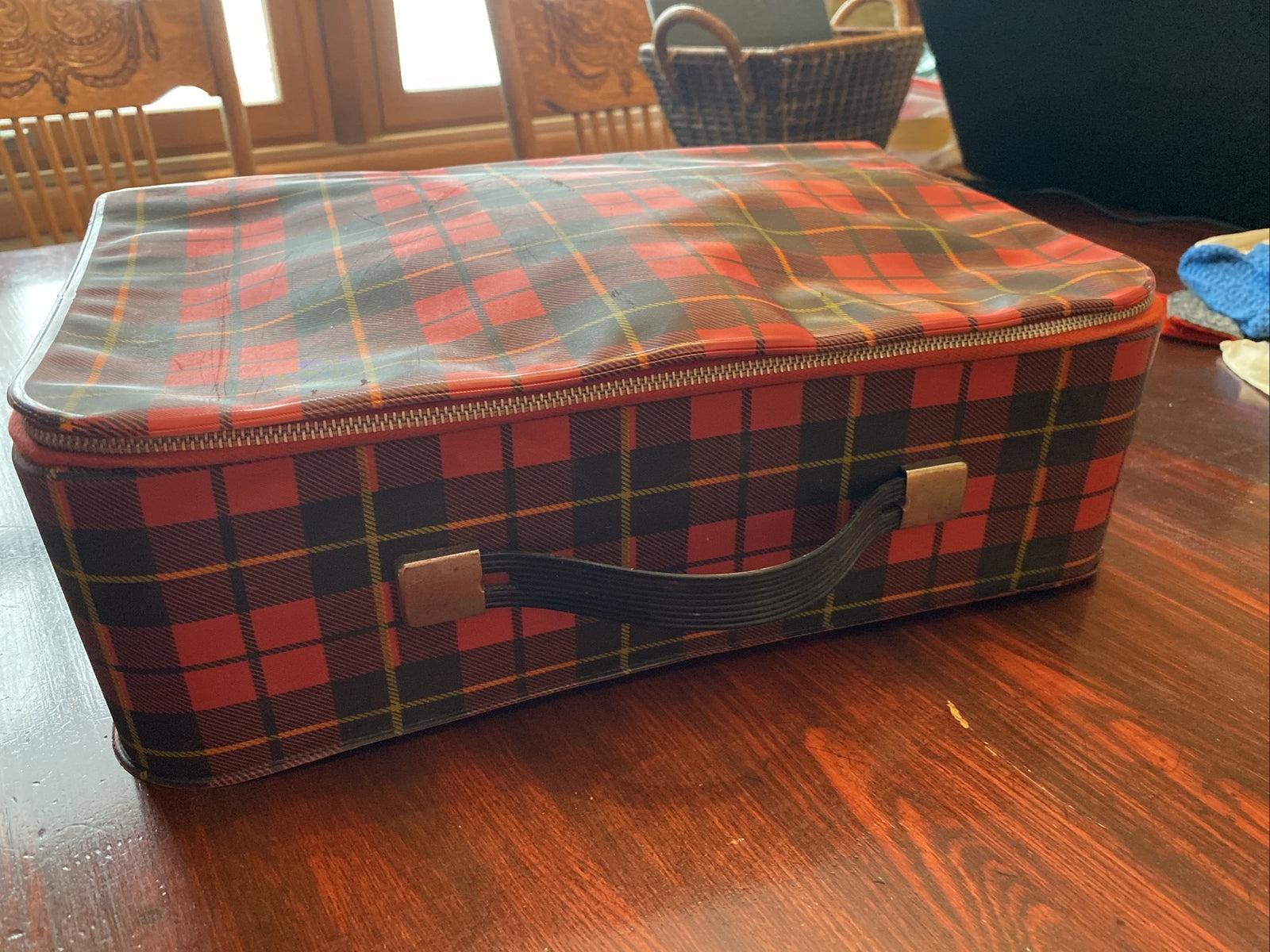 Vintage Barbie Black Red Plaid Suitcase Plastic / Vinyl 14 x 9 x 4.5"