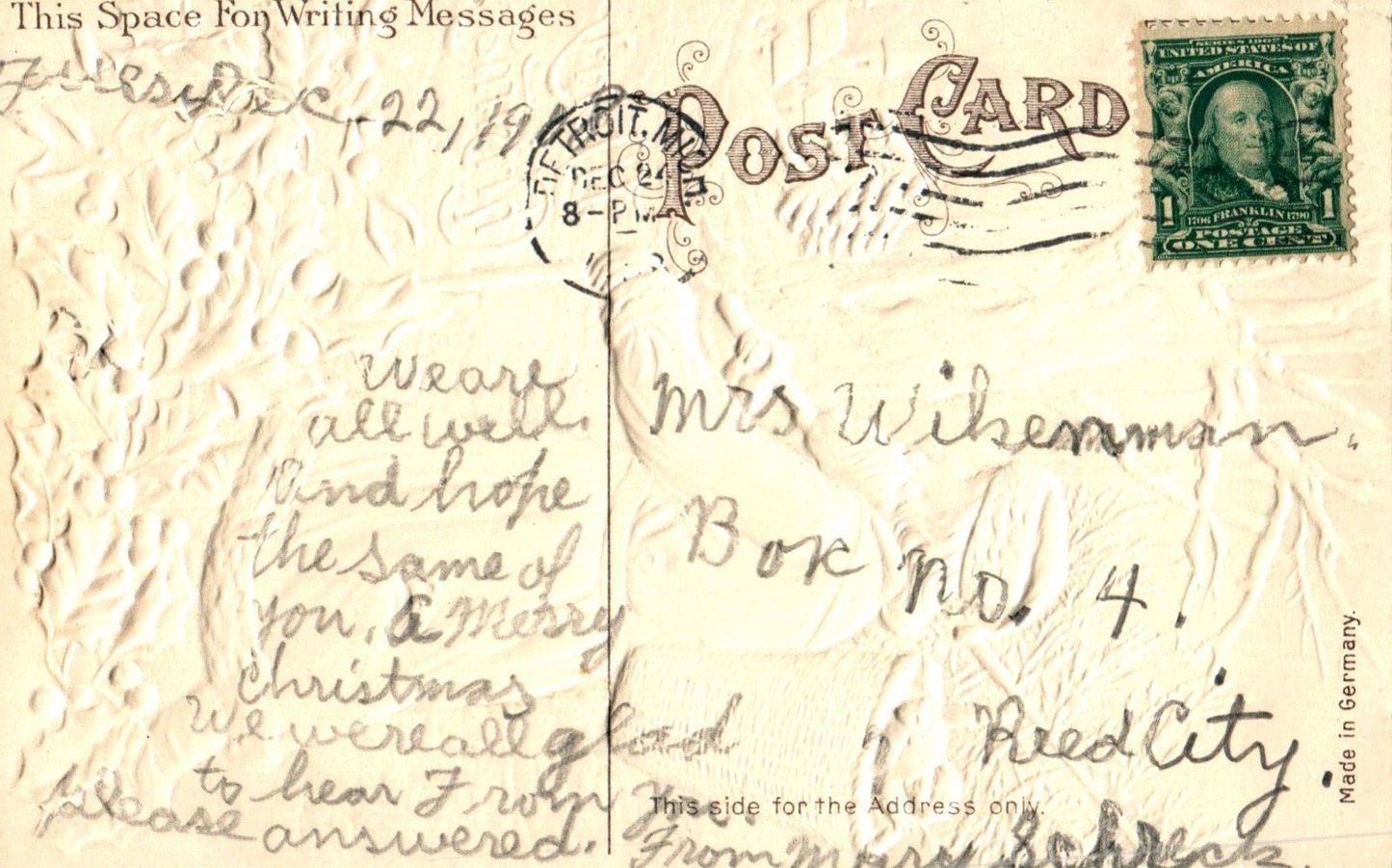 Merry Christmas Santa with Holly and Toy Basket Vintage Santa Postcard