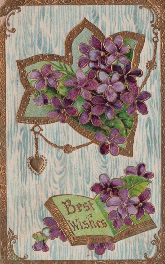 BB London Series 405 Gold Gilt Gel Violets Best Wishes Flower Floral Postcard