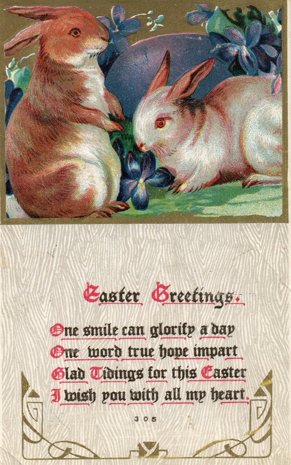 305 Rabbits Purple Eggs and Flowers With Poem Easter Greetings Postcard