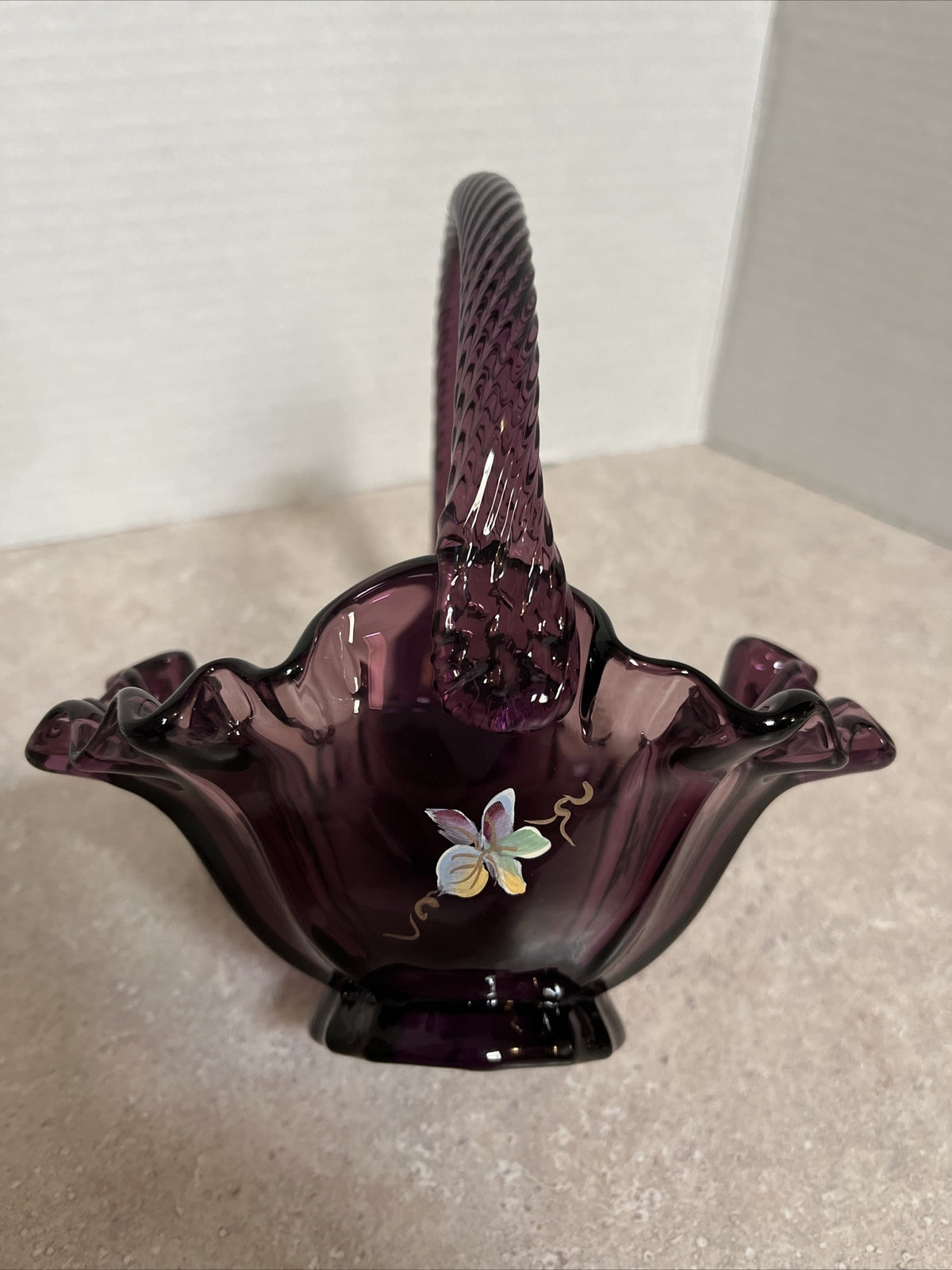 Fenton Art Glass Ruffled Purple Basket With Twisted Handle & signed