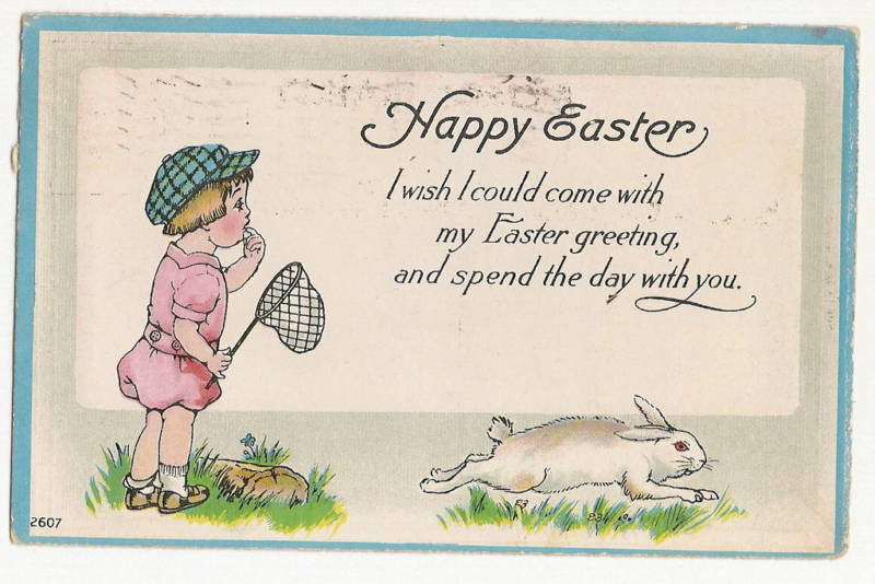 Children Girl Catching Bunny Easter Postcard