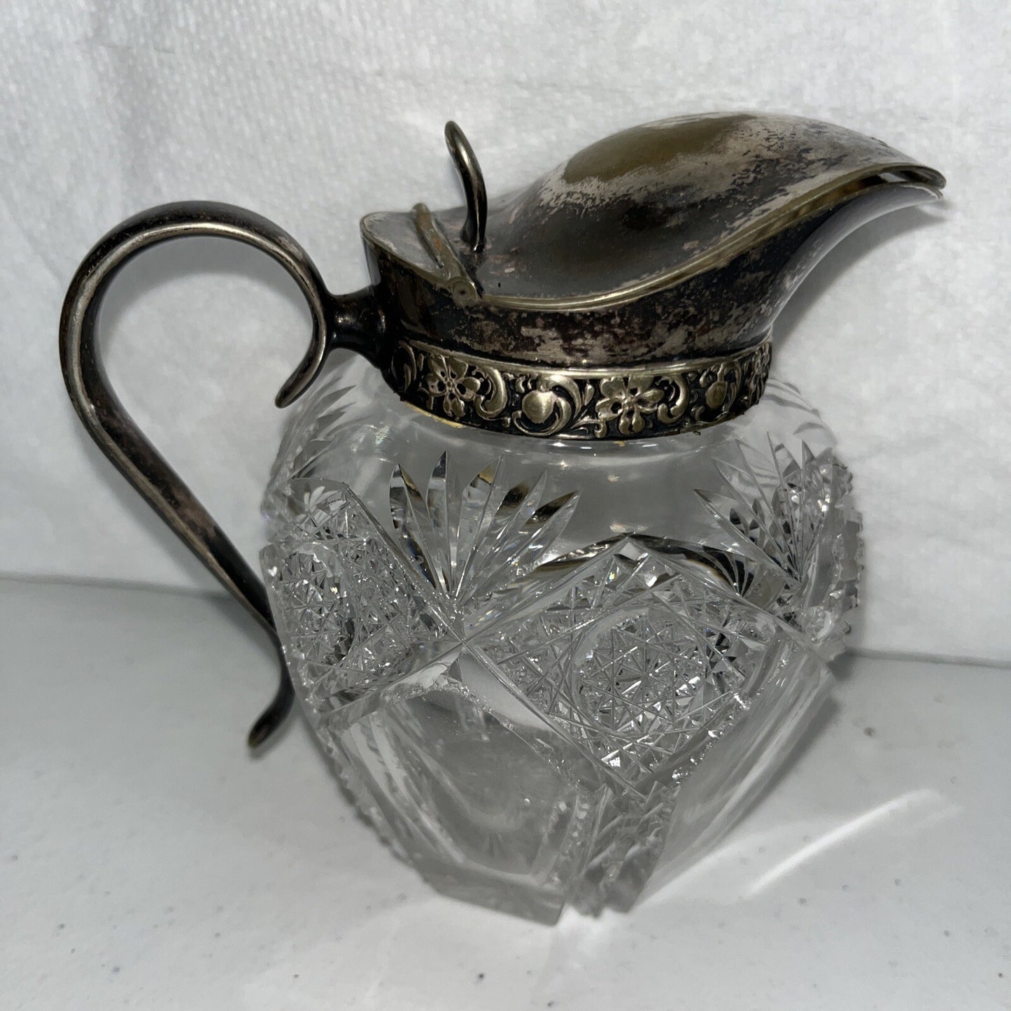 Vintage AMERICAN BRILLIANT Wheel Cut Glass Ball Pitcher Plated Silver Lid Handle