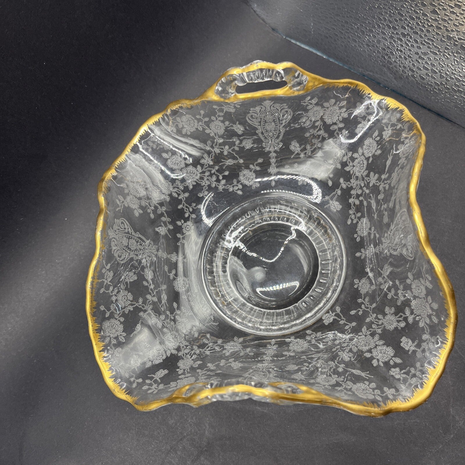 Vintage 2 Clear Glass & Gold Leaf Trim Etched Victoria Pattern Serving Bowl