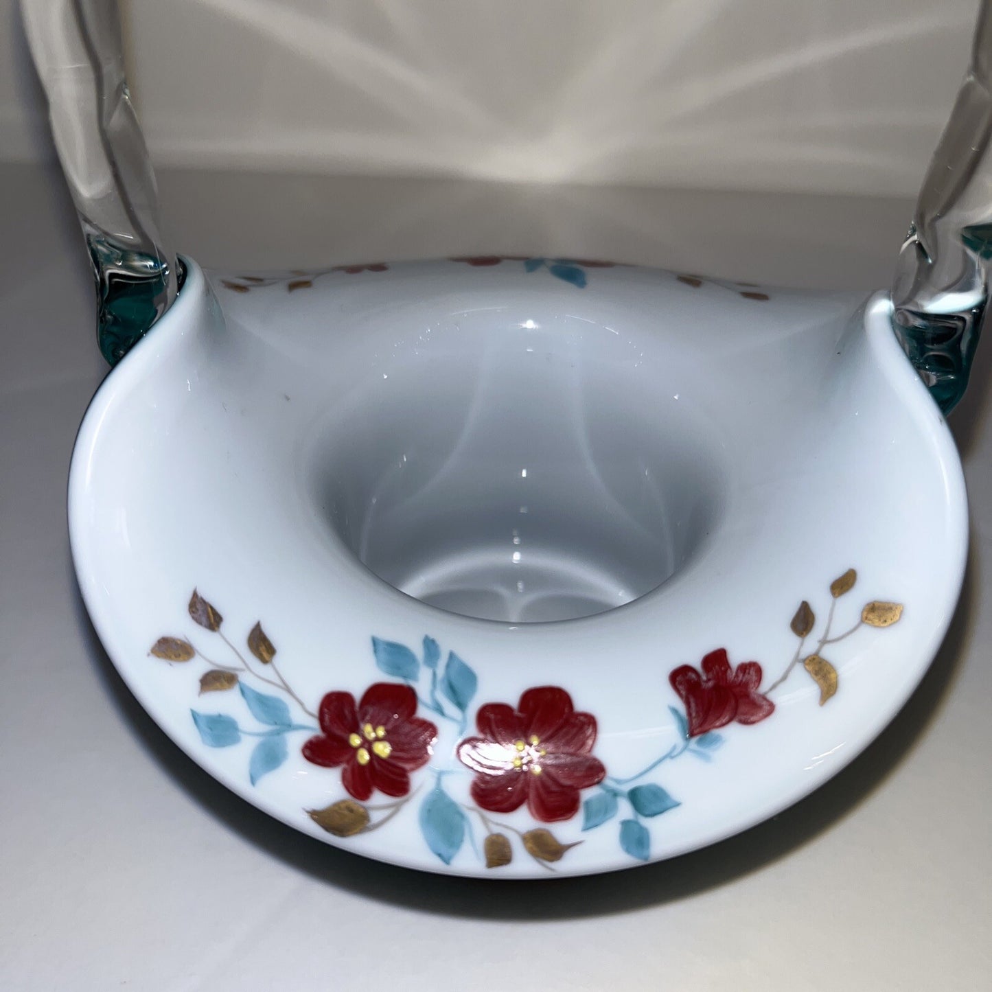 FENTON VINTAGE HAND PAINTED WILD ROSES ON TEAL OVERLAY TOP HAT BASKET LIM. ED.