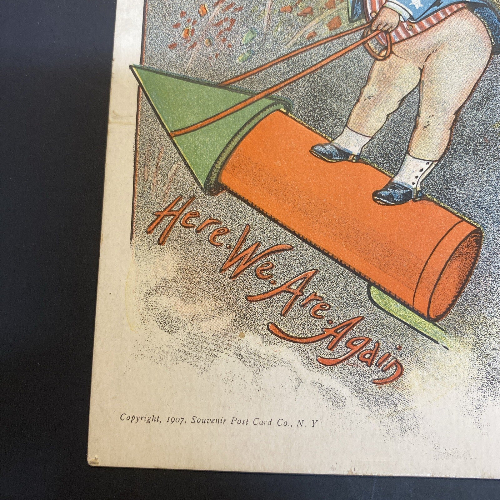 Rare 1907 Fourth of July Patriotic Postcard Here We Go Again Uncle Sam Rocket