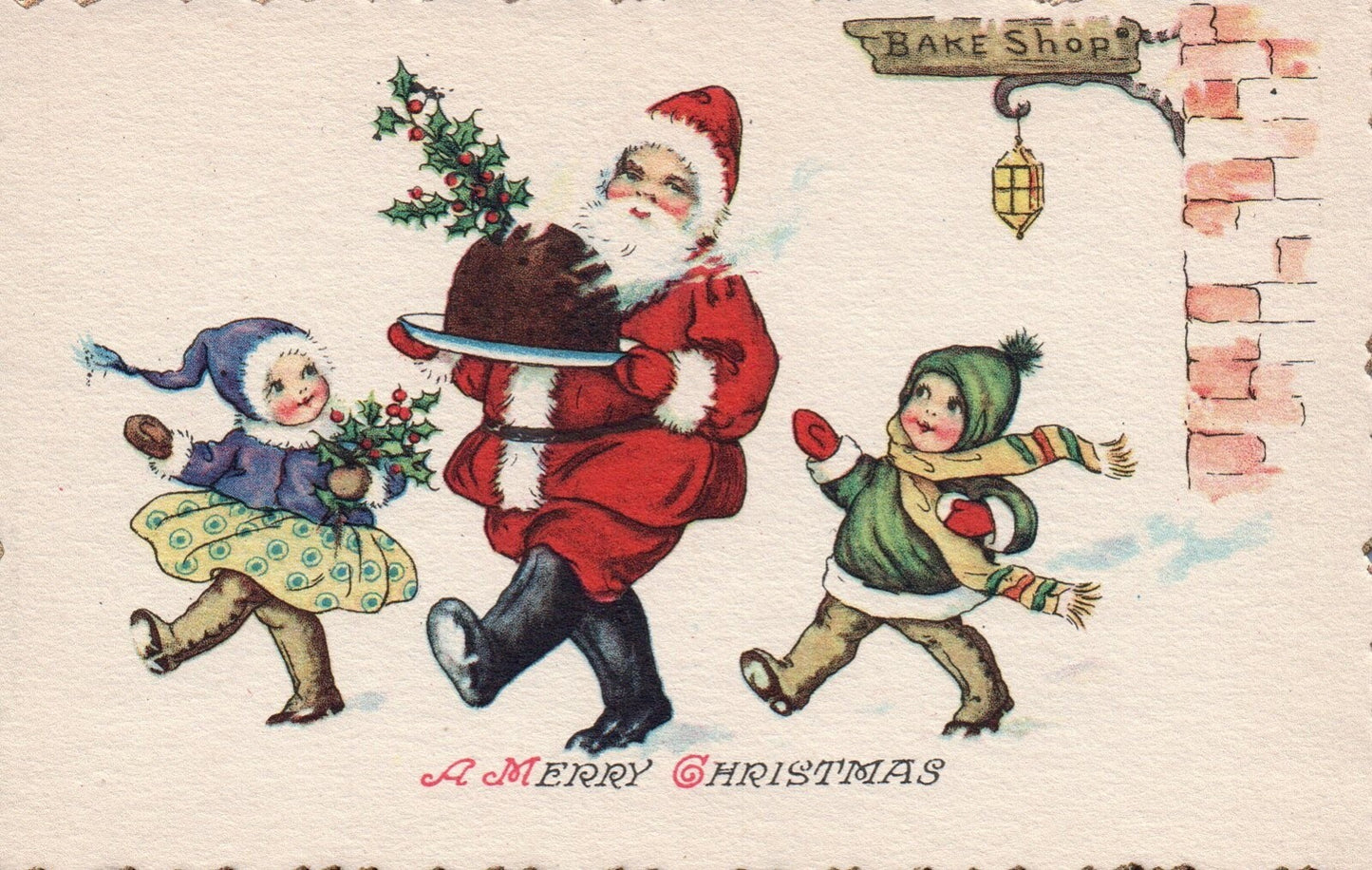 A Merry Christmas Santa Baking with Children & Holly Vintage Santa Postcard