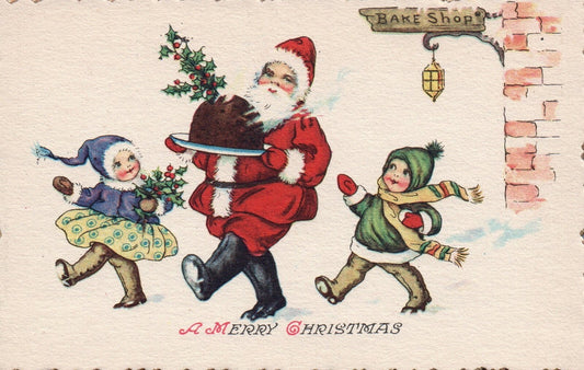 A Merry Christmas Santa Baking with Children & Holly Vintage Santa Postcard