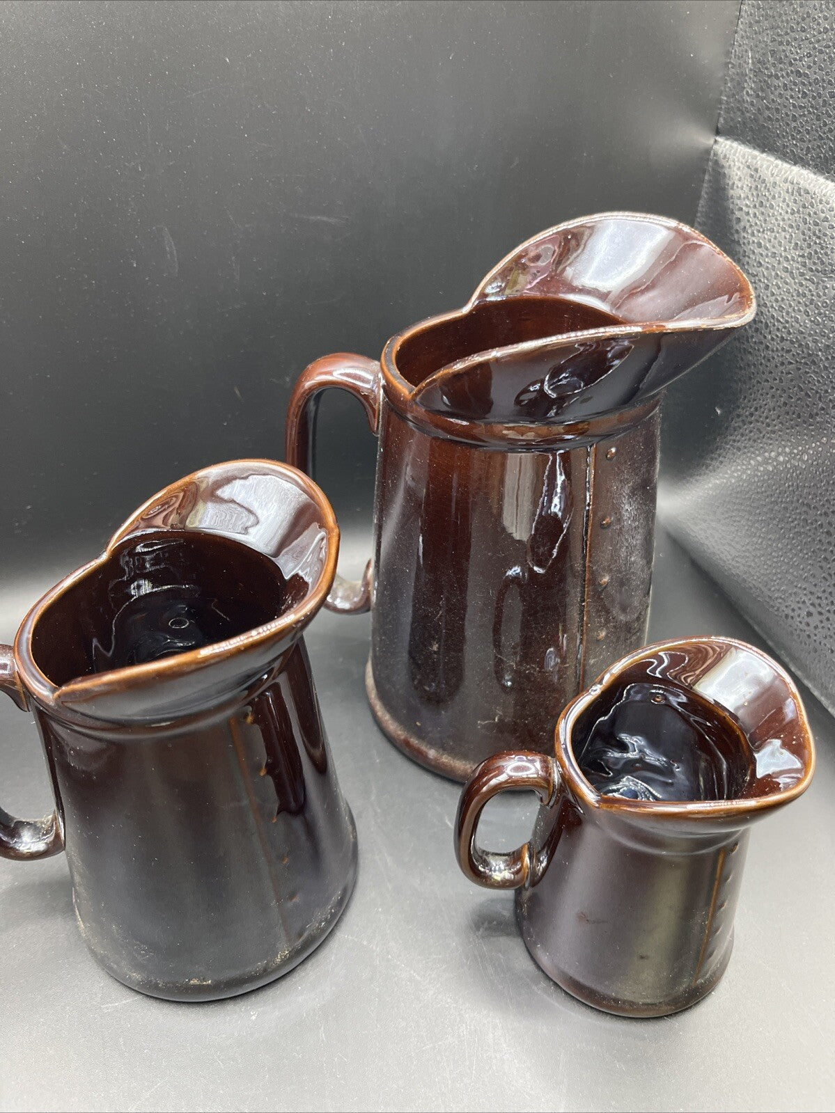 Unbranded Pair Iridescent Brown Hand Painted Embossed Rooster Pottery Pitchers