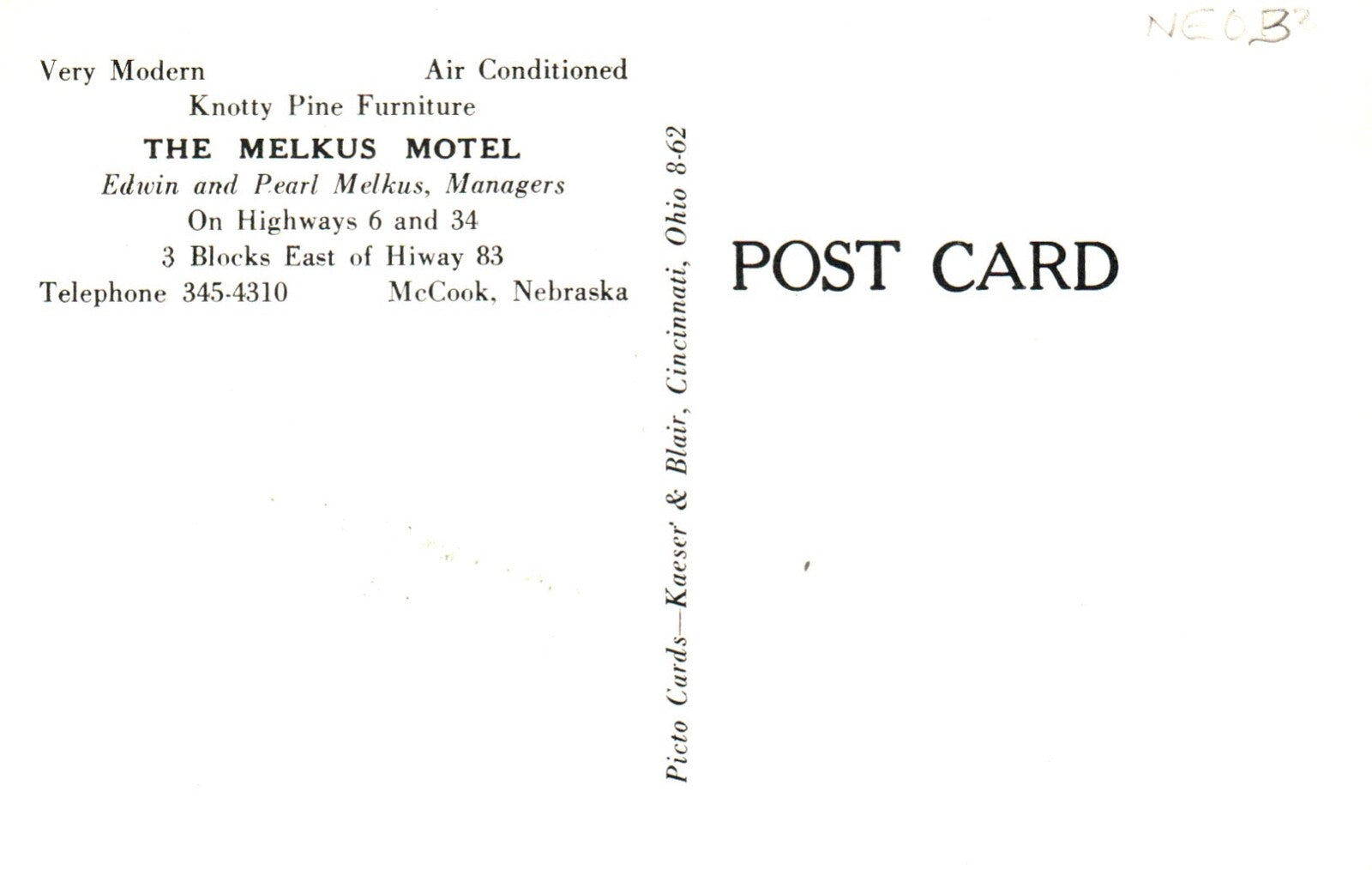 1911 The Melkus Motel McCook Nebraska NE Neb Postcard