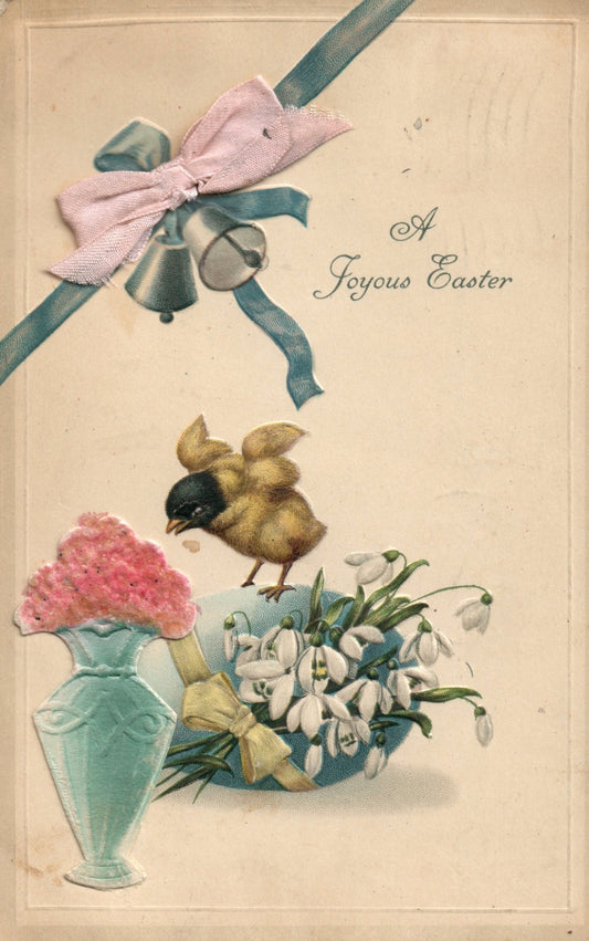 Pink Ribbon Blue Bells Chick Picking At Pink Flowers Easter Greetings Postcard