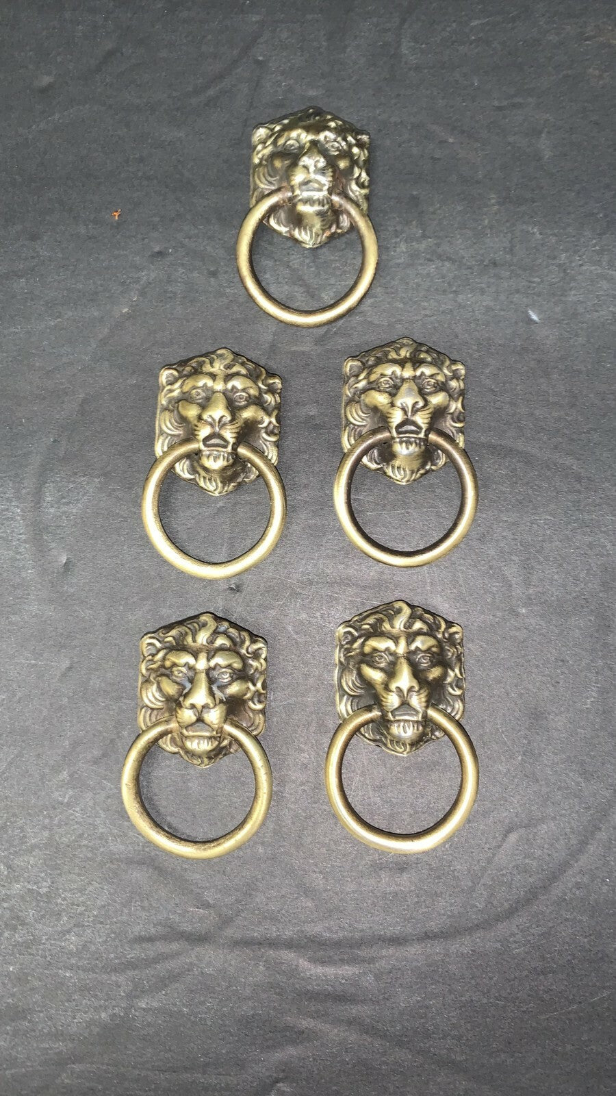 LOT OF 5 ANTIQUE VINTAGE BRASS LION’S HEAD DRAWER RING PULLS SALVAGE