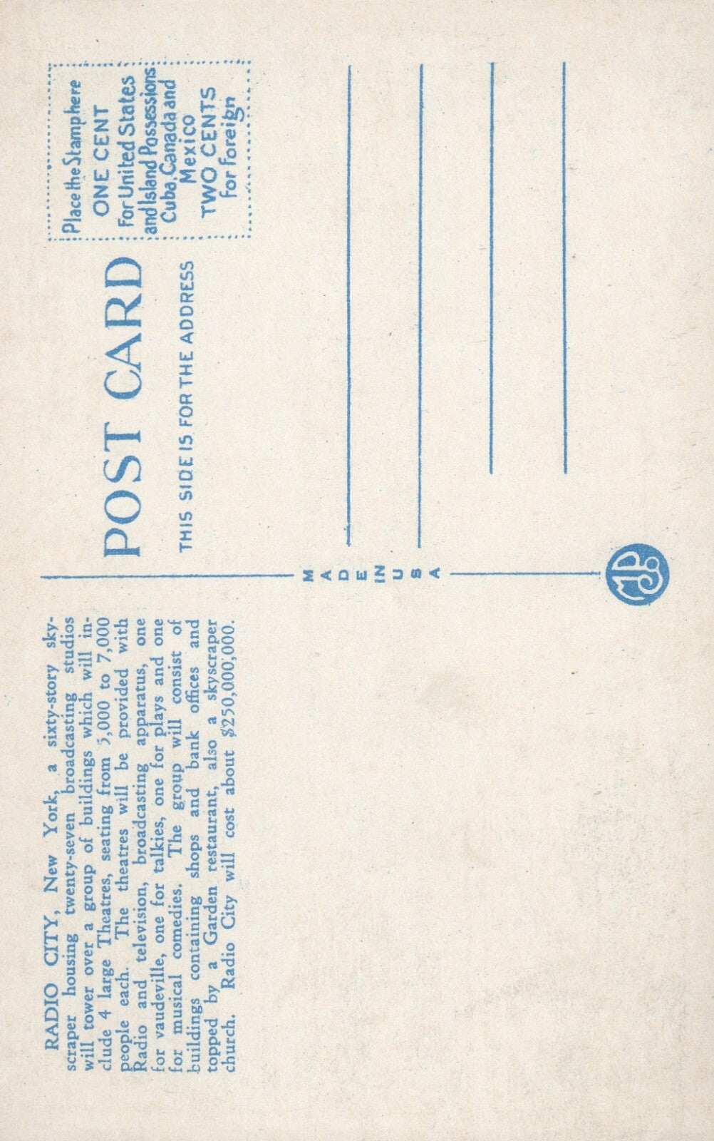 Rockefeller Radio City Sixty Story Building New York NY Postcard