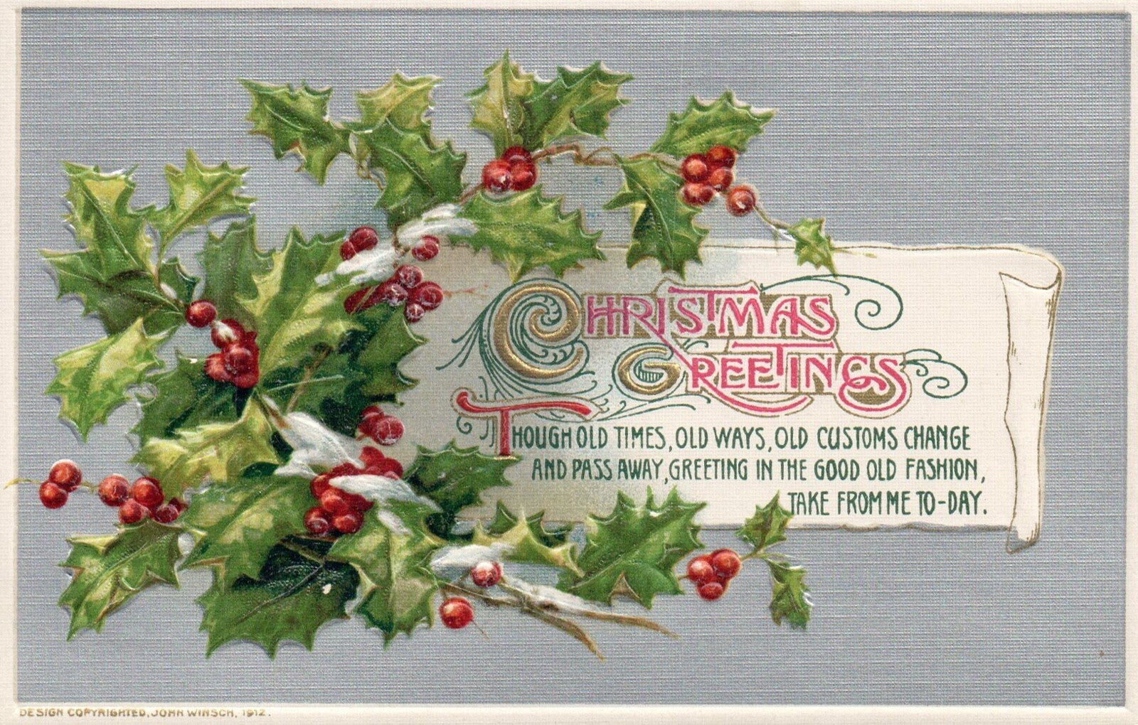 John Winsch Christmas Greetings Ebmossed Holly Shiny Background Vintage Postcard