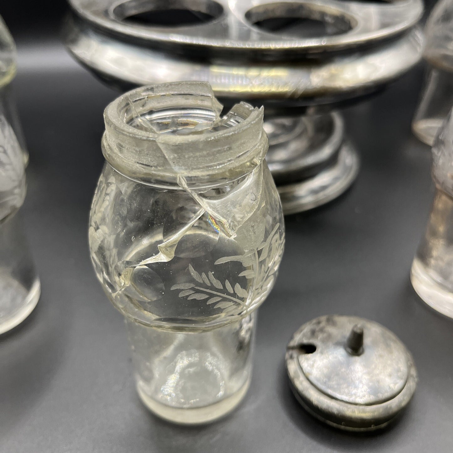Vintage 6 Pc Condiment castor w/ Etched Glass 14.25"H.