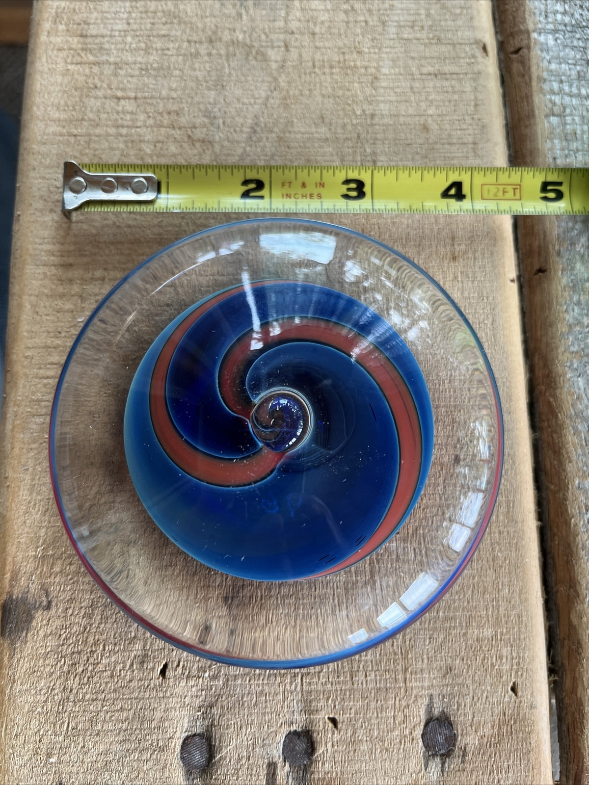 Robert Burch Glass Round Flat Multicolor Dome Center Bubble Paperweight Signed