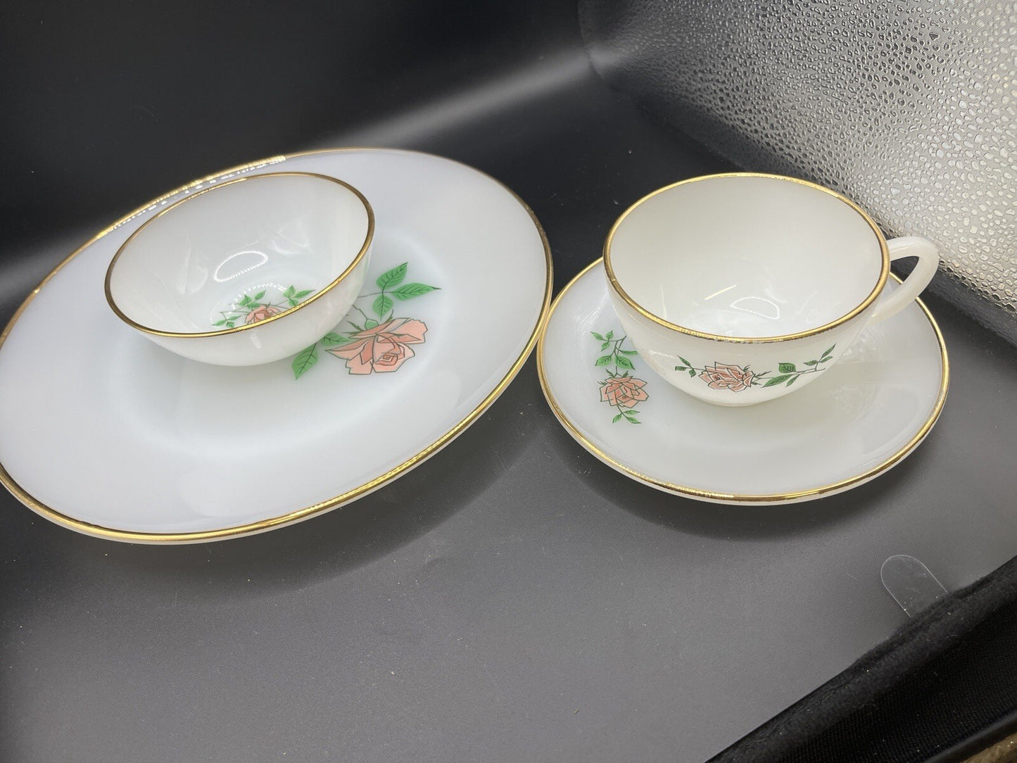 Vintage Anchor Hocking Fire-King Anniversary Rose 4 Plates, Bowls, & Cup & Sauc
