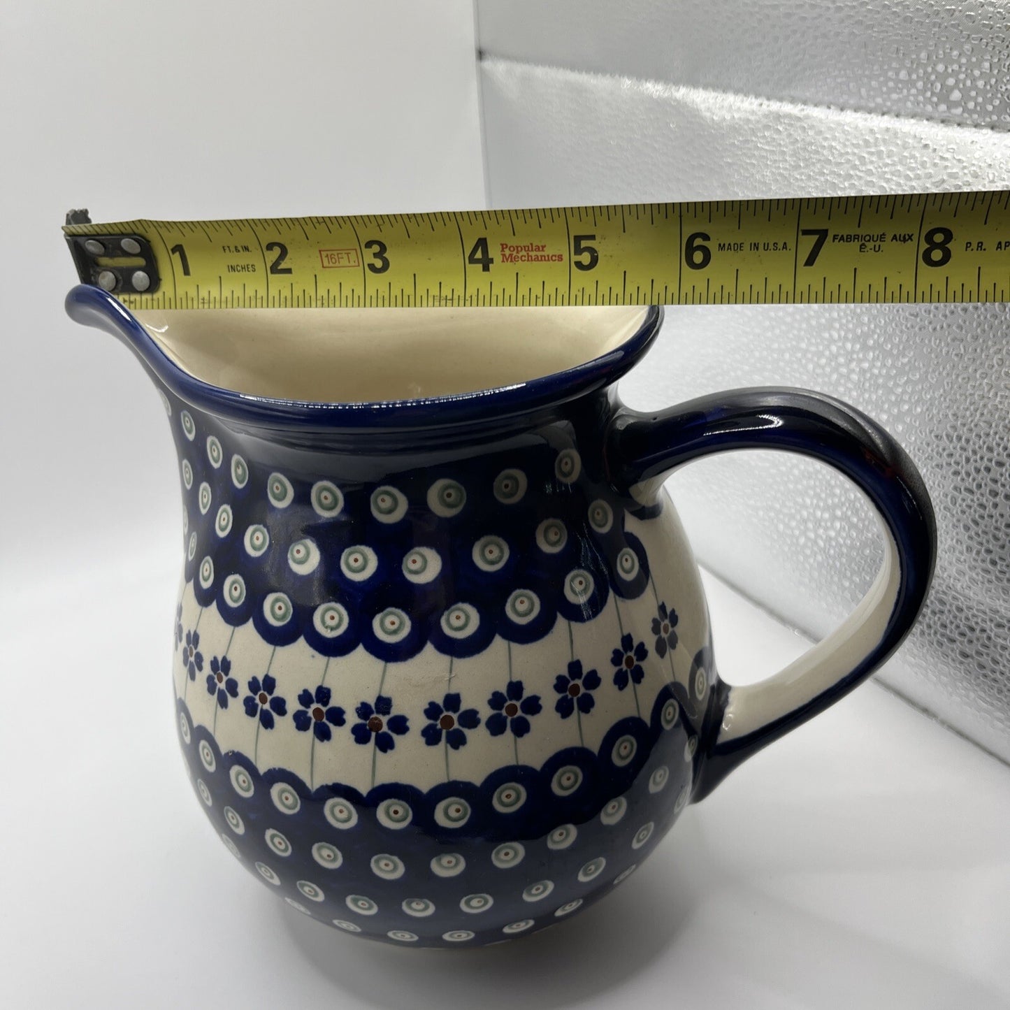 New Polish Pottery Boleslawiec Water Pitcher 6.5” High Blue Flower Authentic