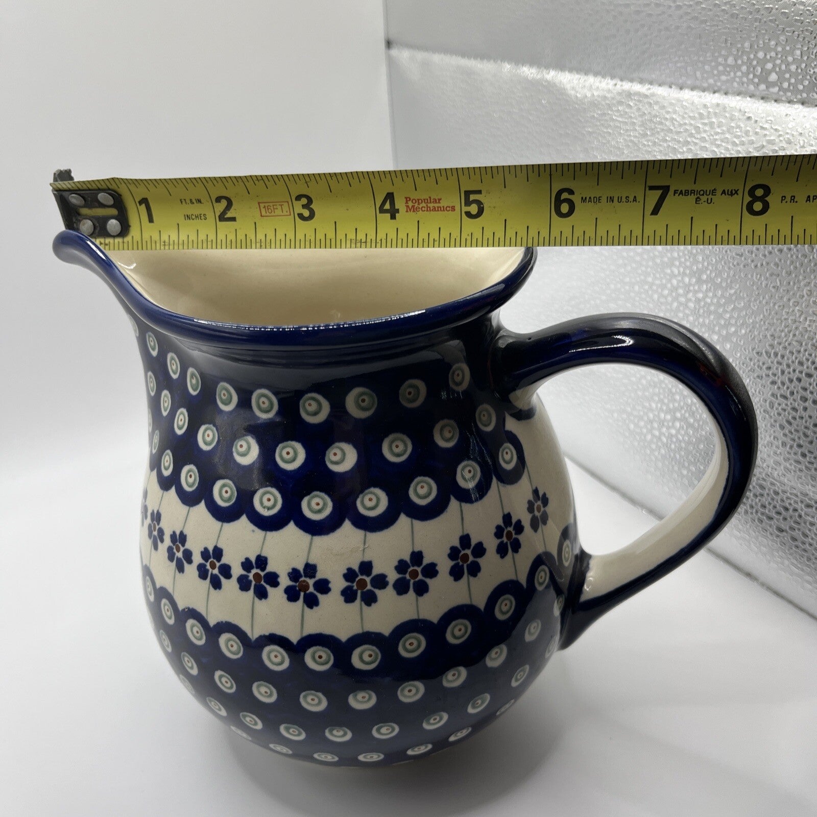 New Polish Pottery Boleslawiec Water Pitcher 6.5” High Blue Flower Authentic