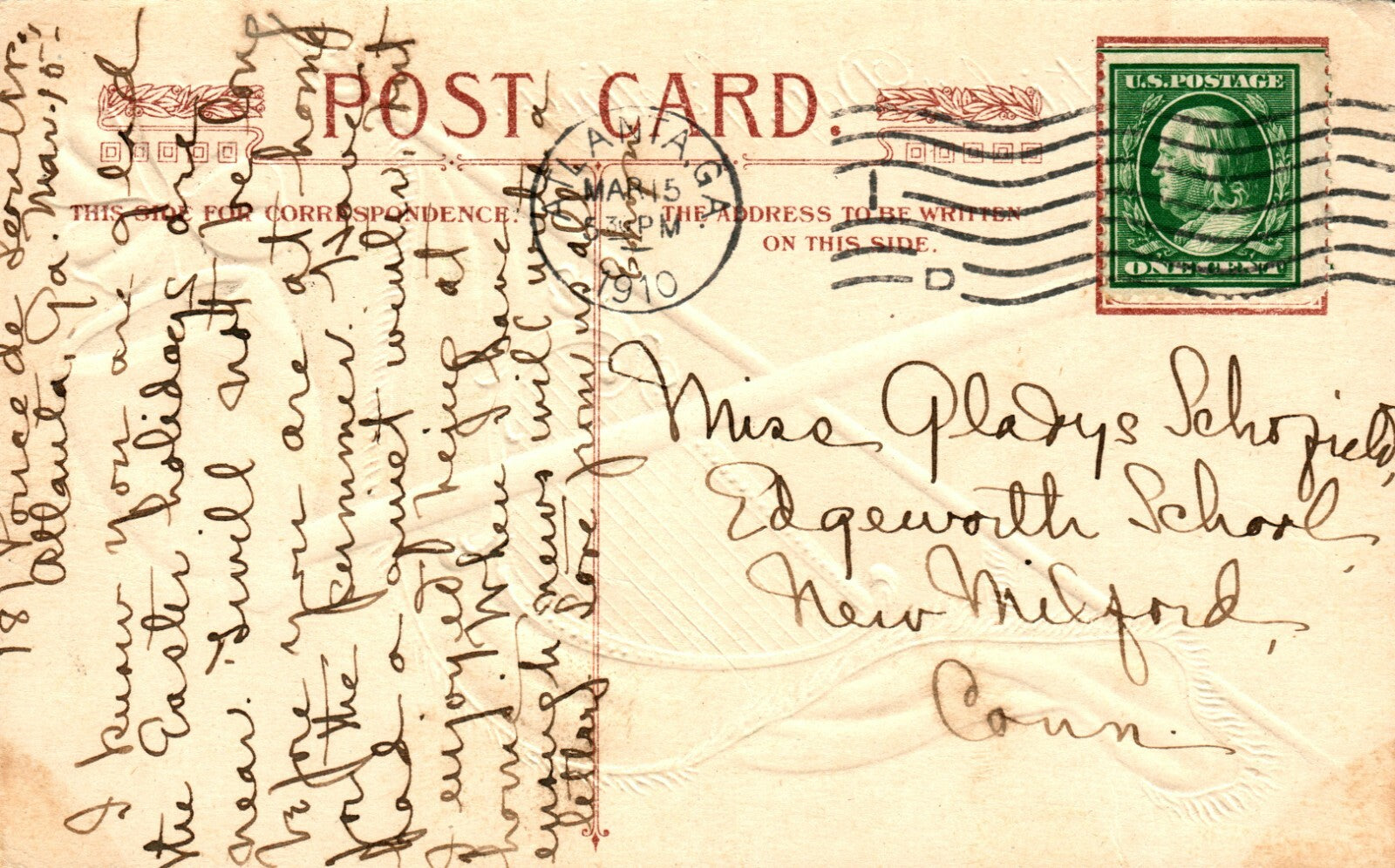 St. Patrick's Day Greetings White Pipe Green Flag with Gold Fringe Harp Postcard