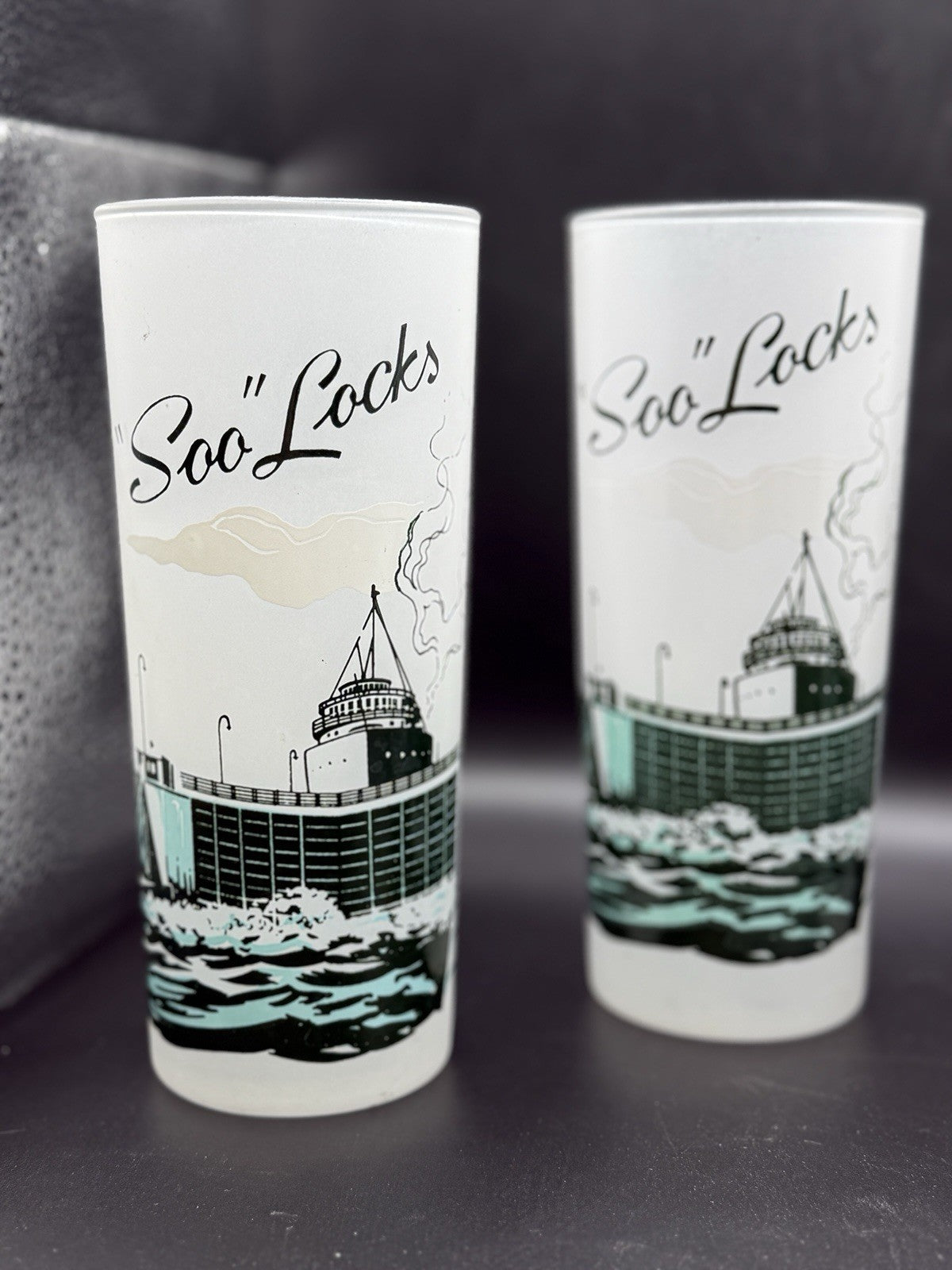 4 Vintage Soo Locks Michigan Souvenir Frosted Glasses Glass  Sault Ste Marie MI