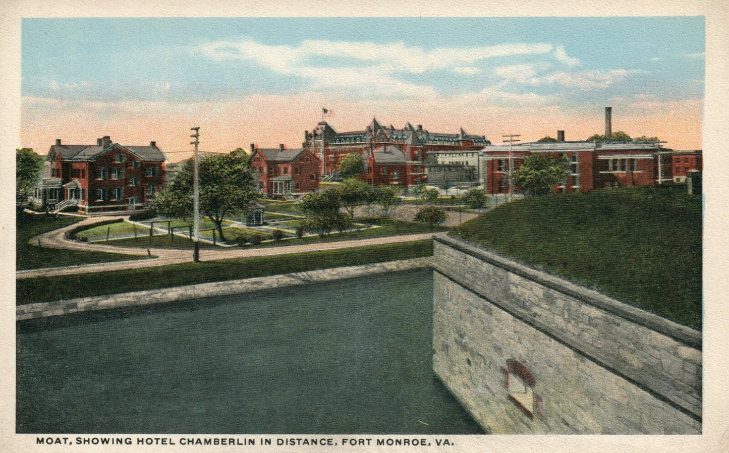 Moat Showing Hotel Chamberlain In Distance Fort Monroe VA Virginia  Postcard