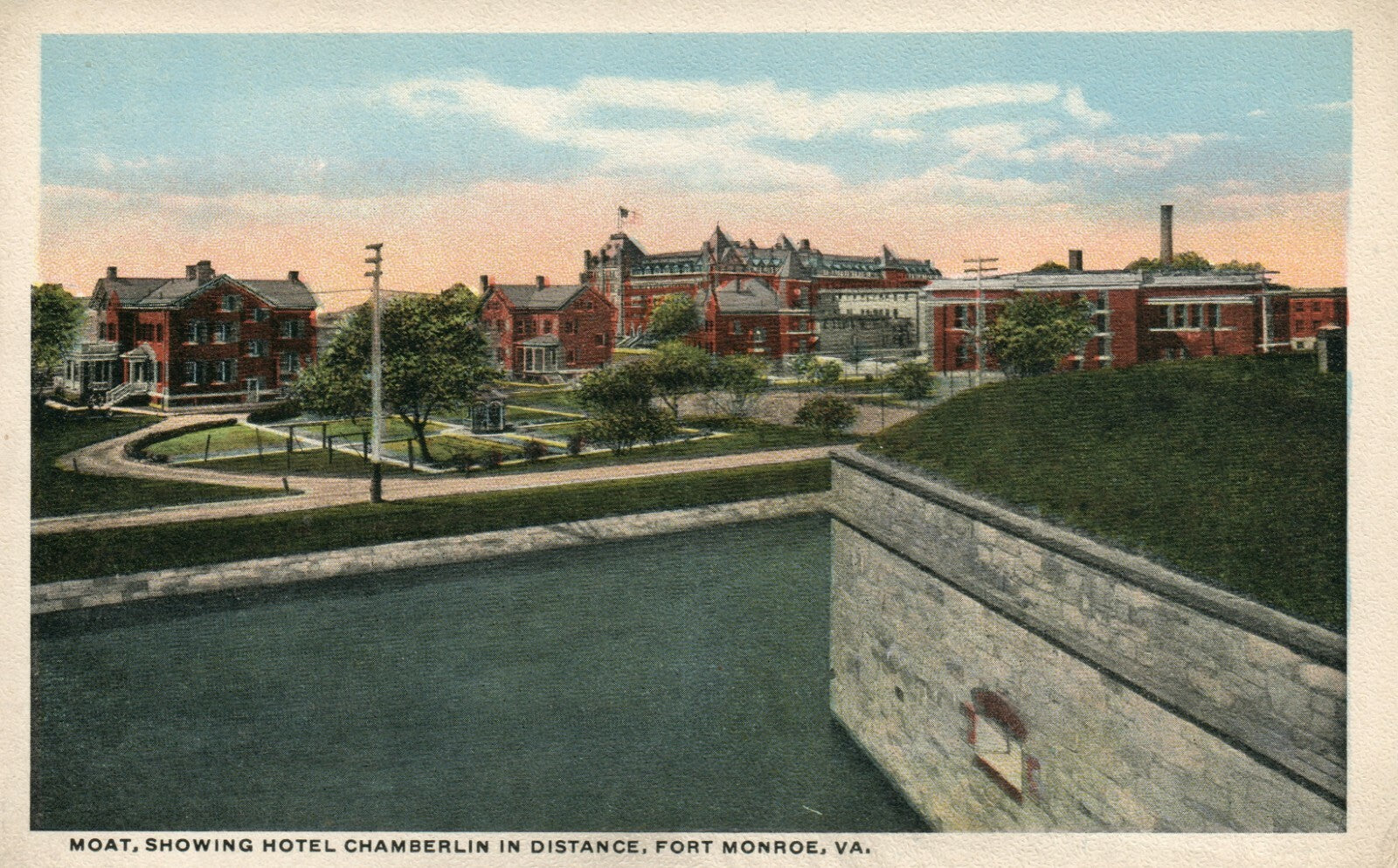 Moat Showing Hotel Chamberlain In Distance Fort Monroe VA Virginia  Postcard