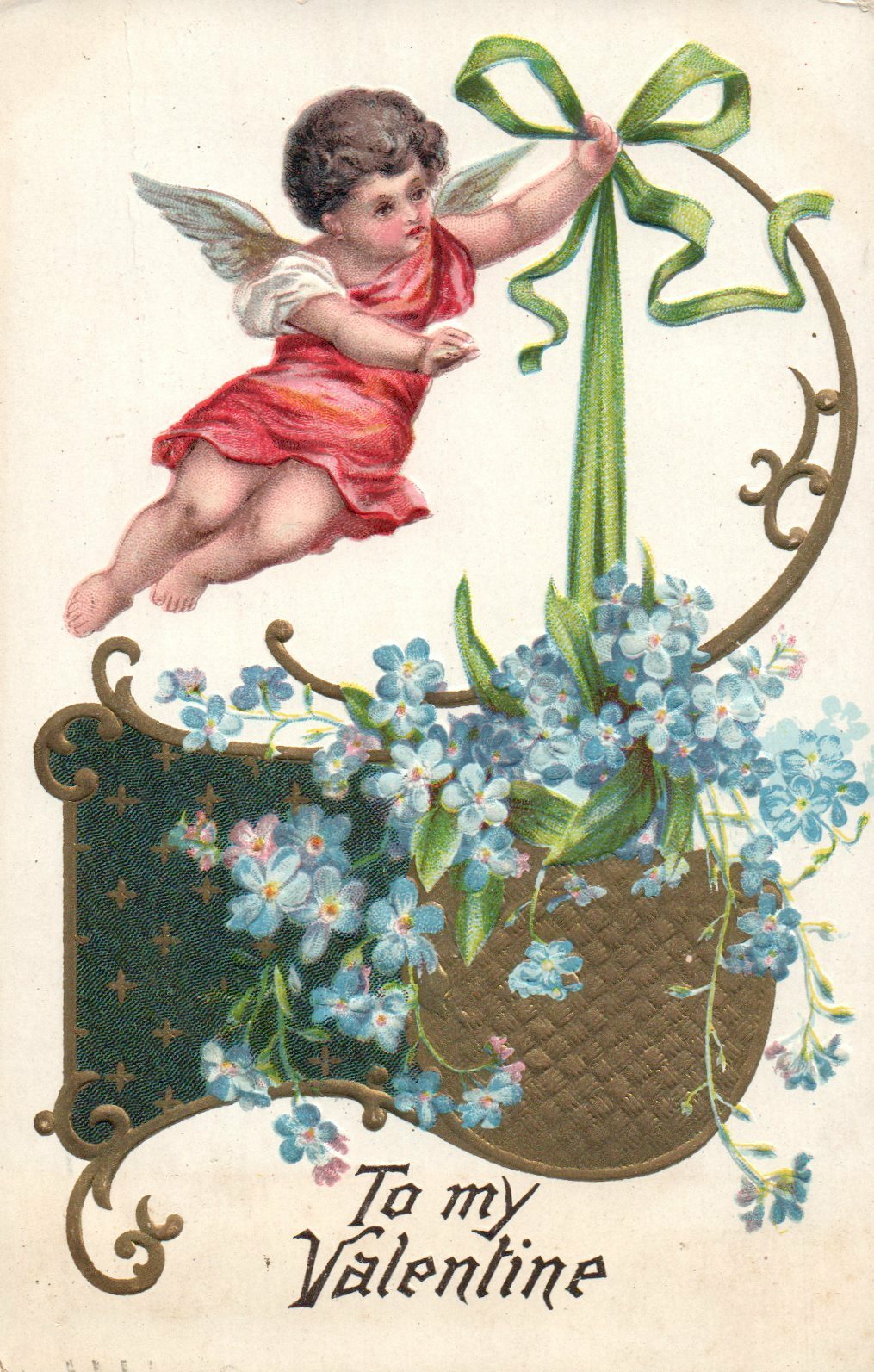 Cupid Holding Green Ribbon Gold Metallic Blue Floral Valentine postcard