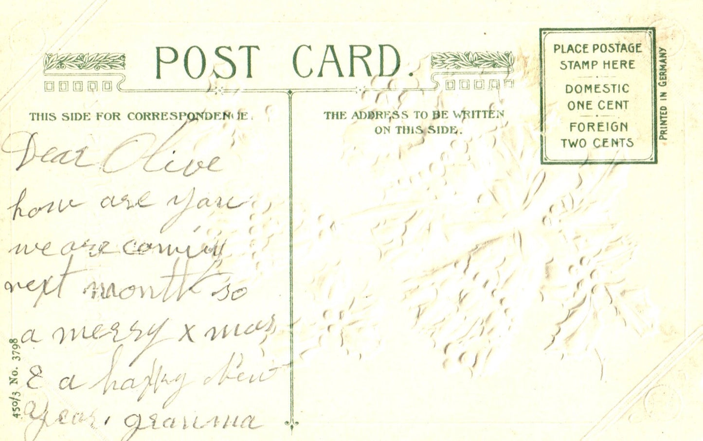 John Winsch Best Christmas Wishes Holly Bells Ringing Vintage Postcard