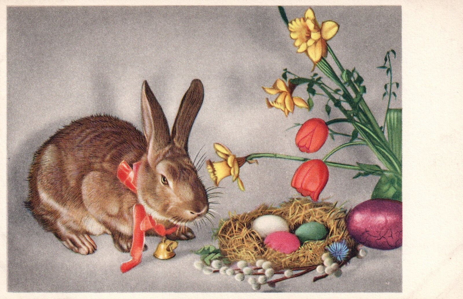Easter Bunny Watching over Easter Eggs in Nest Vintage Easter Postcard