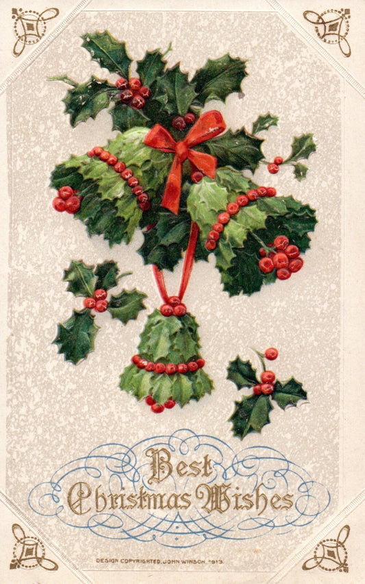 John Winsch Best Christmas Wishes Holly Bells Ringing Vintage Postcard