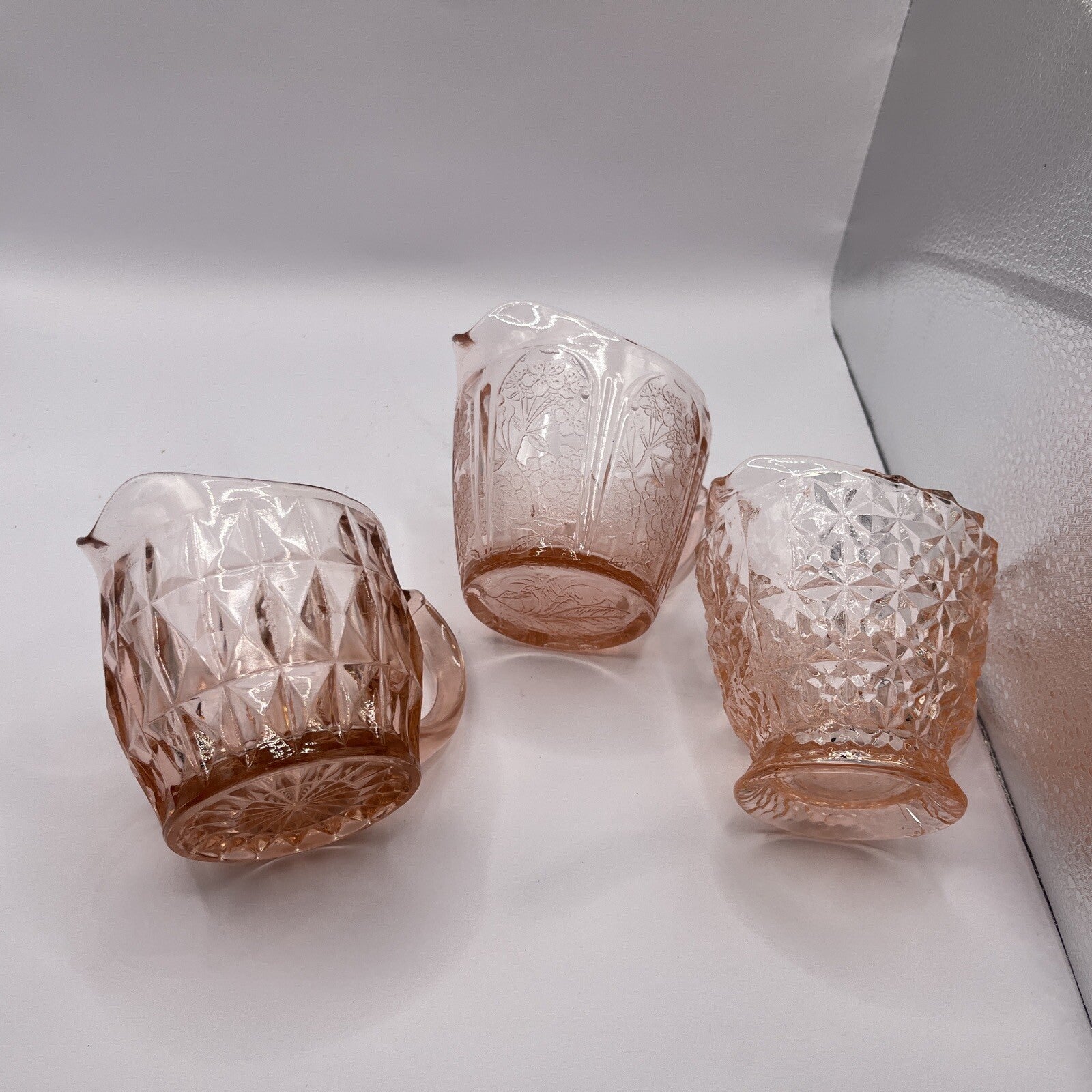 3 Depression Creamer/ Syrup Pitchers Pink Vintage