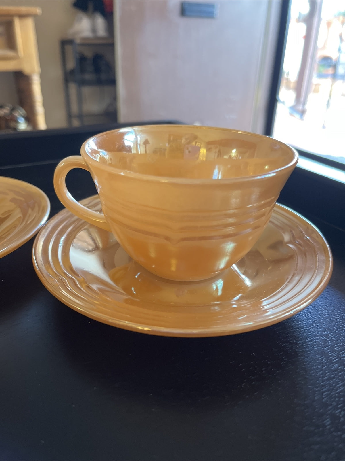 2 Vintage Fire King Oven Ware Peach Lustre Cup & Saucer USA 3 Sets Available