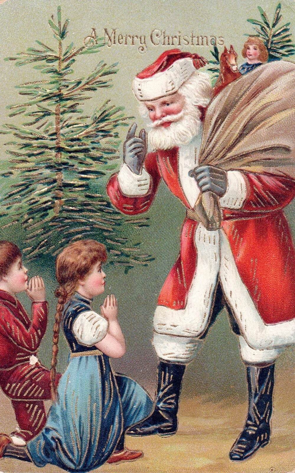 A Merry Christmas Santa With Praying Children Gold Gilt Vintage Santa Postcard