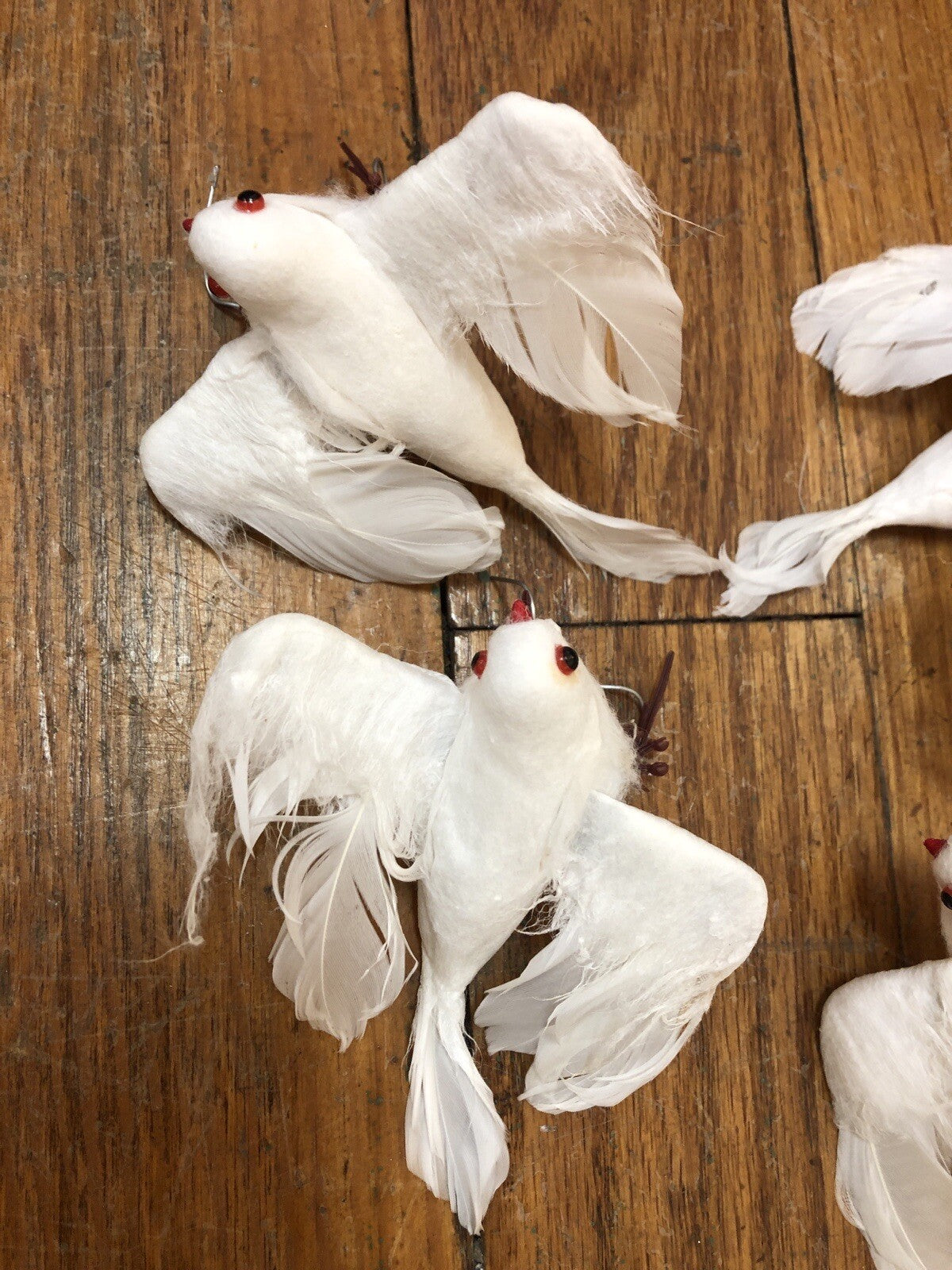 Vintage Christmas Wired DOVES Birds White Real Feathers Holiday Flocked