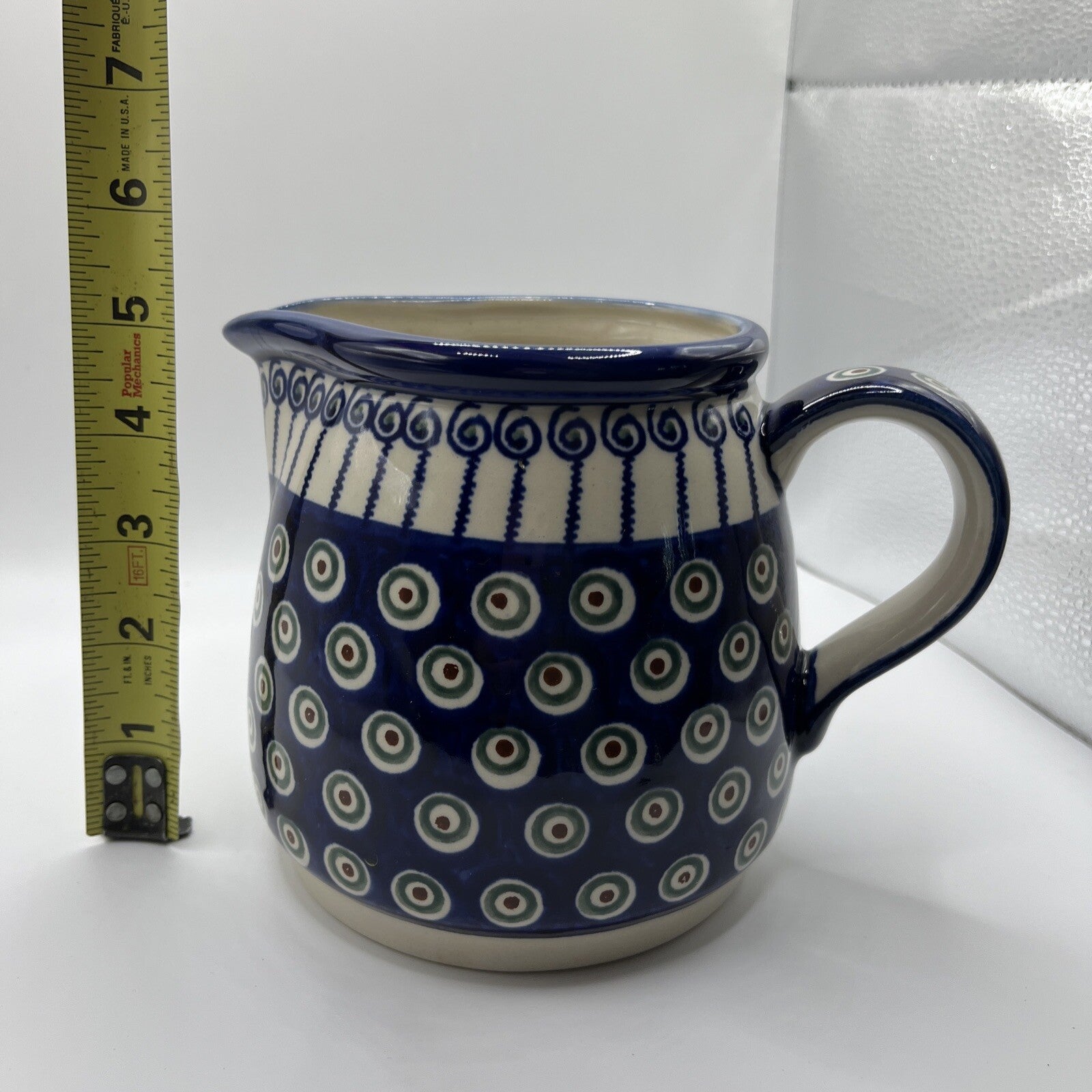 New Polish Pottery Boleslawiec Water Pitcher 5” High Blue Flower Authentic